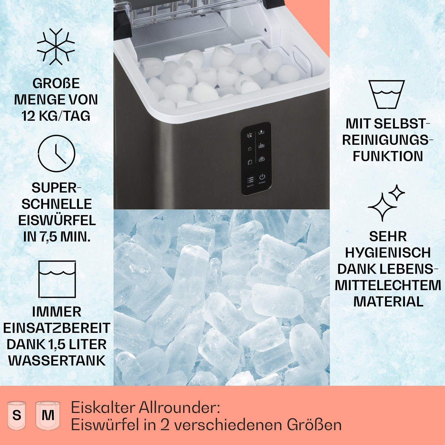 Klarstein Eiswürfelmaschine Albaron Supreme Eiswürfelmaschine Bullet 12 kg/24h 1,5L Tank Edelstahl, Ice Maker Eismaschine elektrisch Bullet-Eis mit LCD