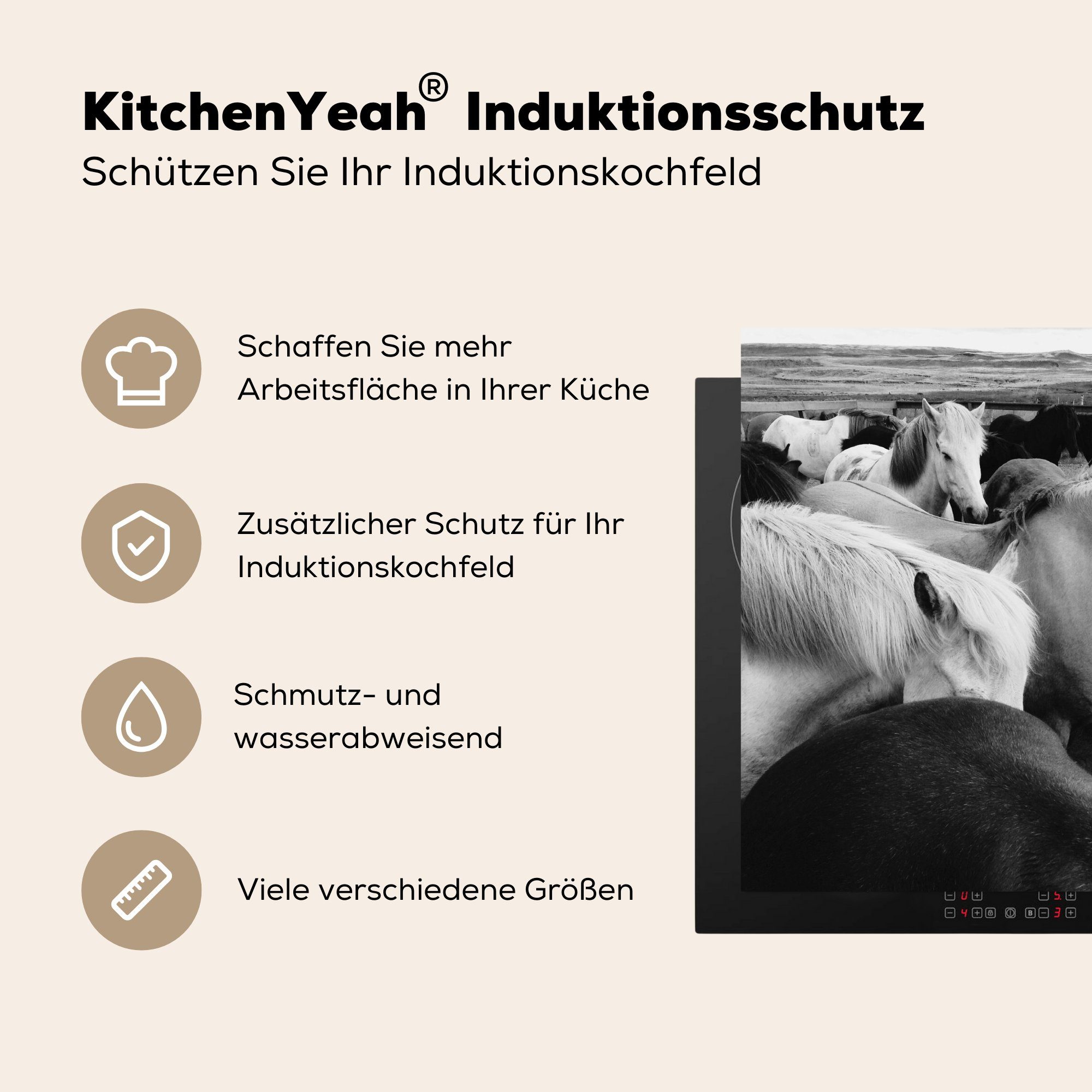 MuchoWow Herdblende-/Abdeckplatte Pferde - Wild cm, Schwarz Ceranfeldabdeckung Induktionskochfeld, tlg), Induktionsschutz, (1 Vinyl, Weiß, - 57x51 