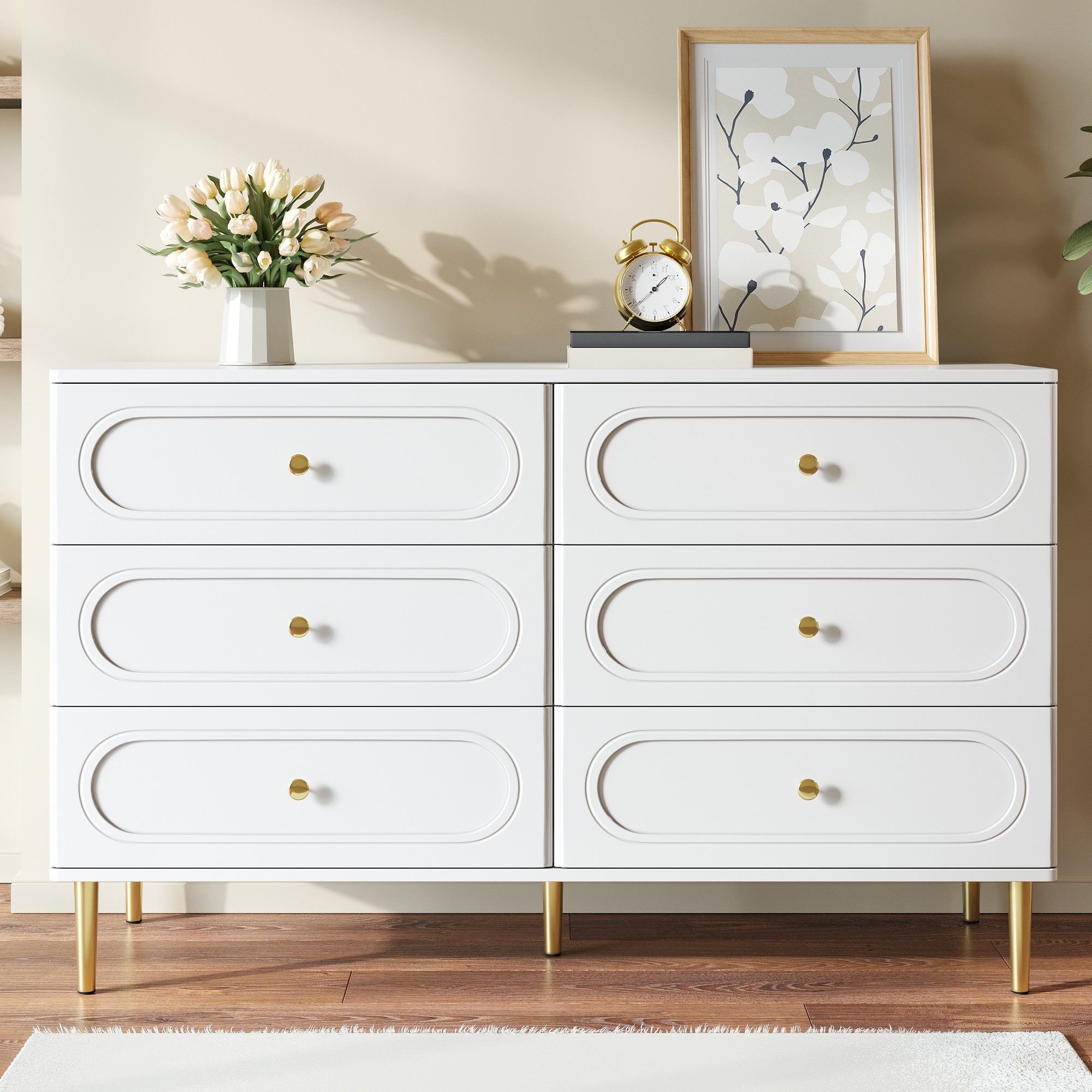 STILVORA Sideboard in Weiß Aufbewahrungsschrank Kommode mit Metallfüße (Kommode mit 6 Schubladen und Metallfüßen, moderner Stil, Ovalen Vertiefungen, Metallgriffe, stabile Metallfüße modern), für Wohnzimmer, Schlafzimmer, Flur, moderne Aufbewahrung