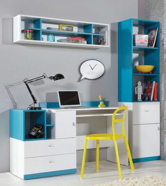 99rooms Schreibtisch Bond Weiß Hochglanz Türkis (Computertisch, Bürotisch), mit Schubladen, Spanplatte, viel Stauraum, Modern Design