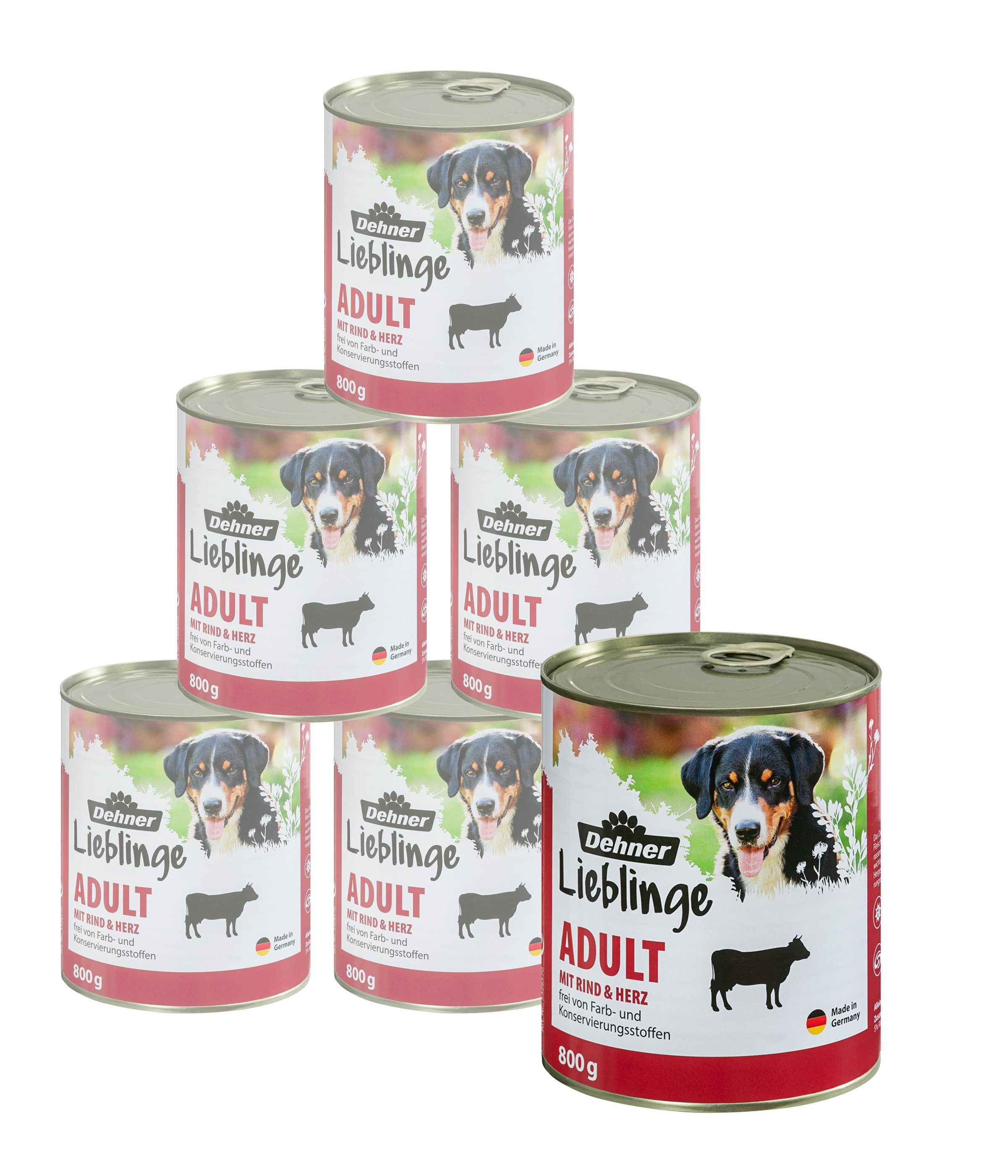 Dehner Lieblinge Adult Rind / Herz, 6 x 800 g Dose, getreidefrei / zuckerfrei Rind, Nassfutter für: Hunde, Nassfutter für ausgewachsene Hunde