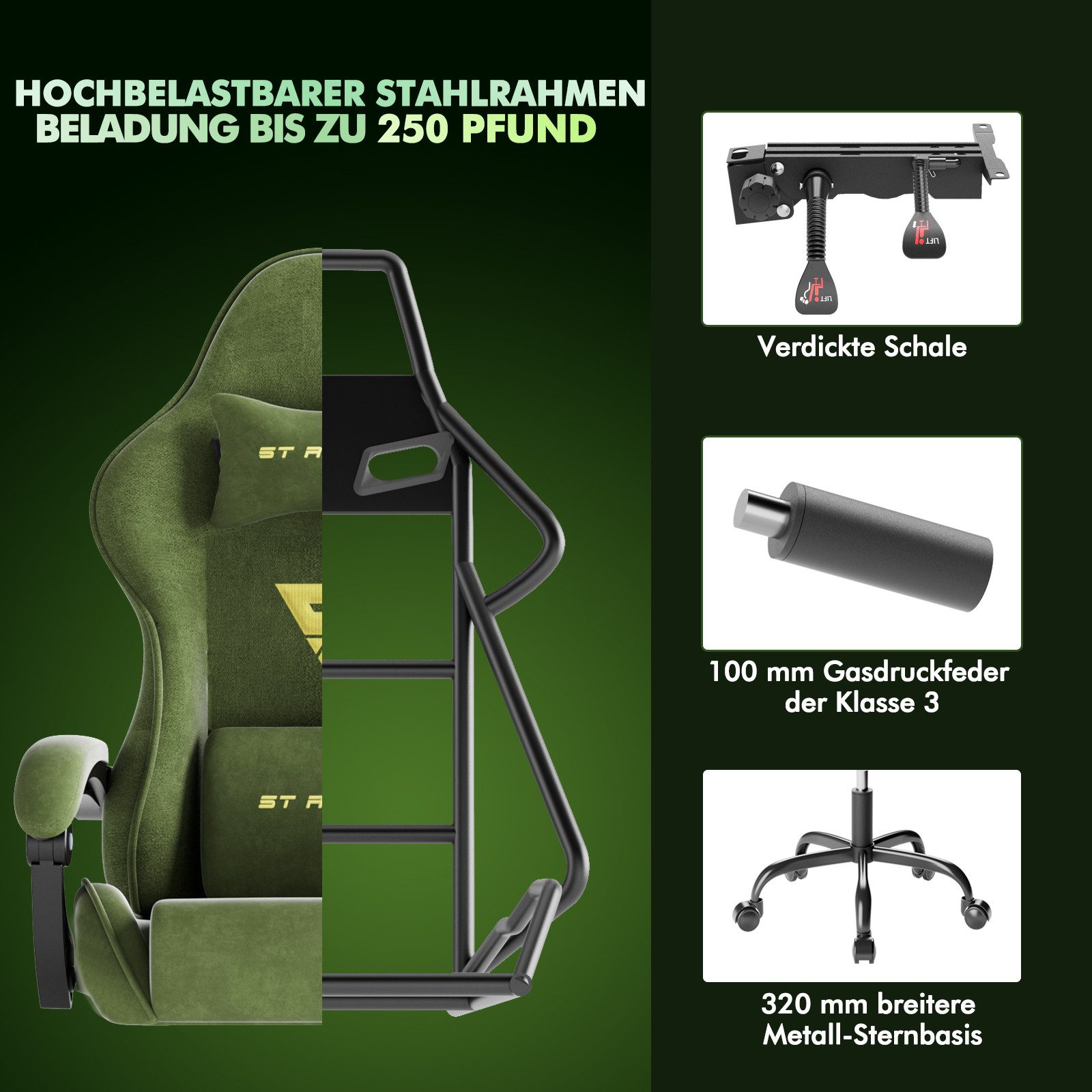 Ferghana Gaming-Stuhl Gaming-Stuhl: Kopfstütze, Lendenkissen, Armlehnen, Fußstütze (Packung), Ergonomischer PC-Stuhl,Rückenlehne 90°-125° – Bild 4 von 5