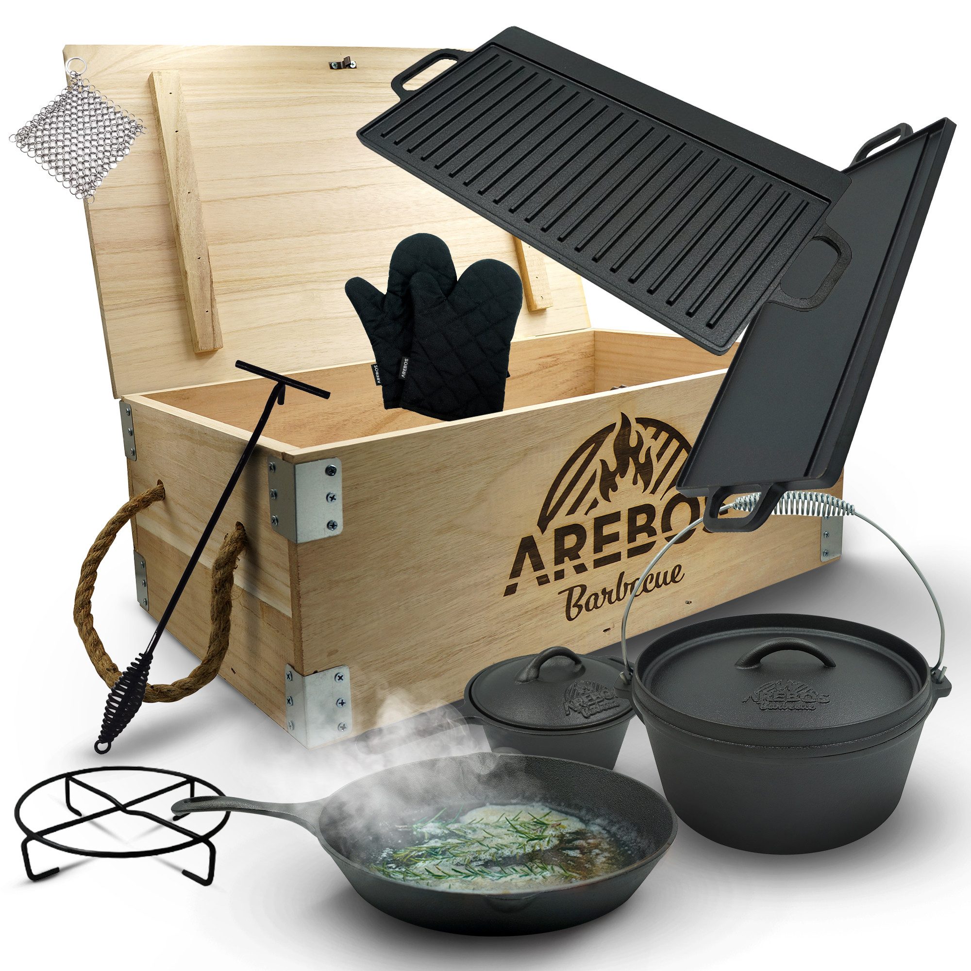 Arebos Topf-Set Dutch Over BBQ Set aus Gusseisen Feuertopf Schmortopf, Gusseisen (Set)