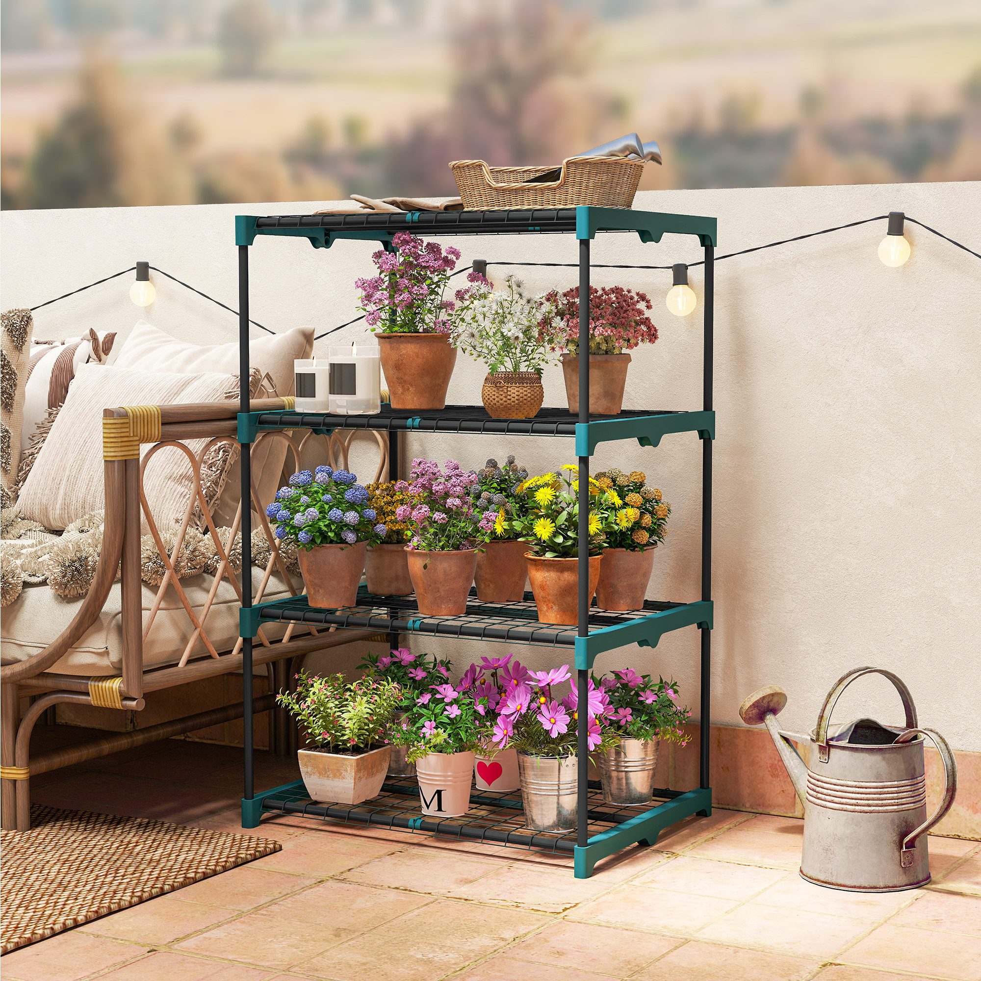 OKWISH Blumenständer Pflanzenständer 4 Etagen 105 cm, Blumenregal Stahl Dunkelgrün (1 St., Dekorativer Blumenständer aus Metall, Standregal für Garten und Balkon), Pflanzenregal für Innen und Außen, mehrstufige Ablage für Blumentöpfe