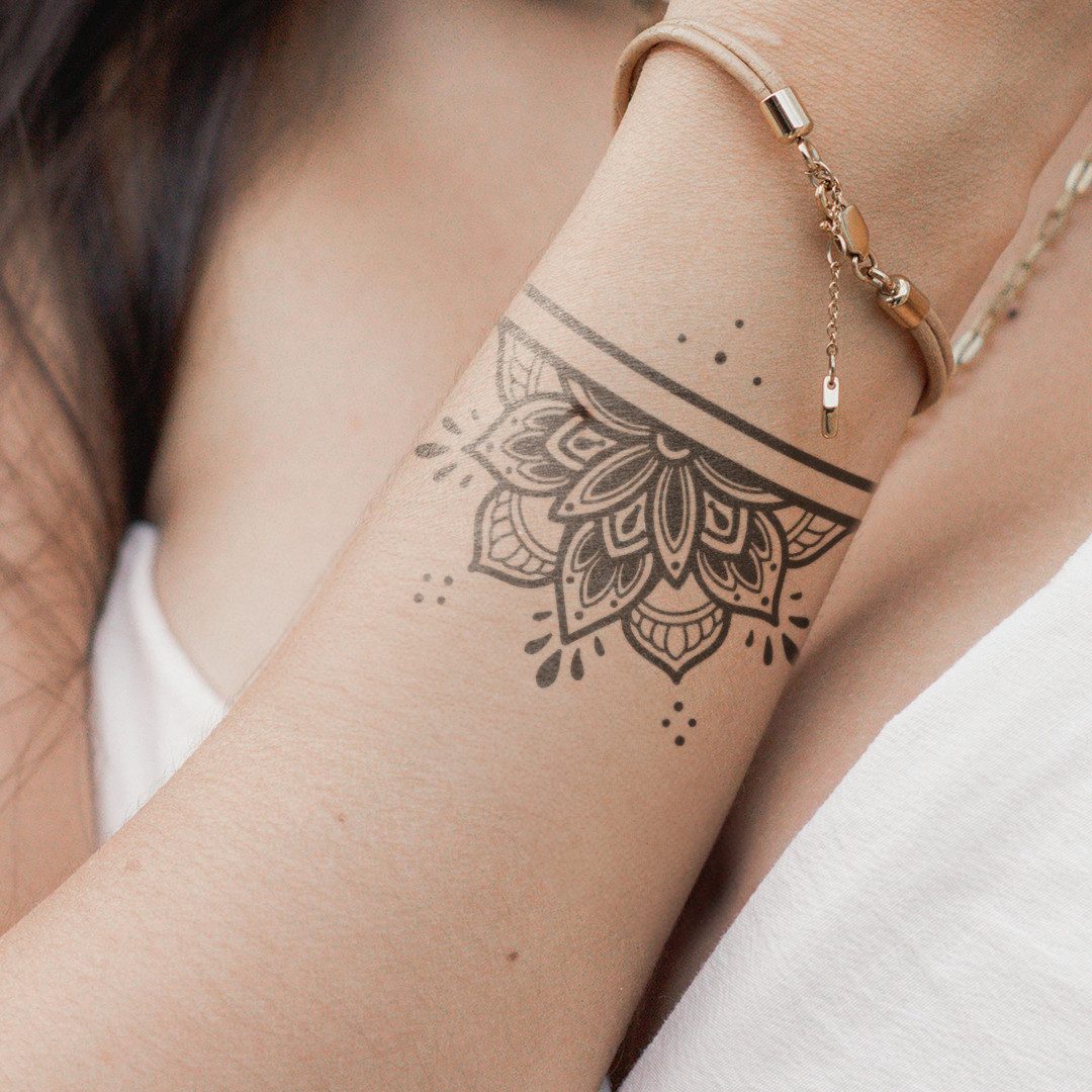 Inkster Schmuck-Tattoo Mandala Ring Tattoo, Vegane & EU-Kosmetikzertifizierte Farbe, wasserfestes temporäres Tattoo, 2 Wochen Halt