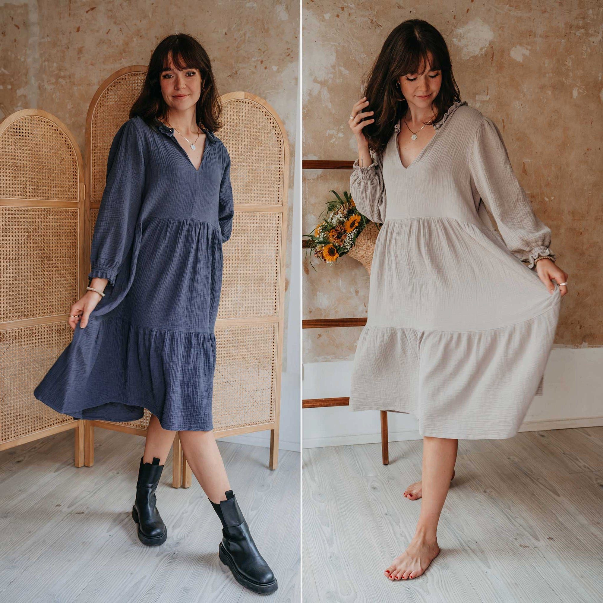 hutch&putch Maxikleid Musselin Kleid Damen Sommerkleid 100% Bio-Baumwolle mit Rüschen Kragen (1-tlg) elastischer Bund - trendige Volants