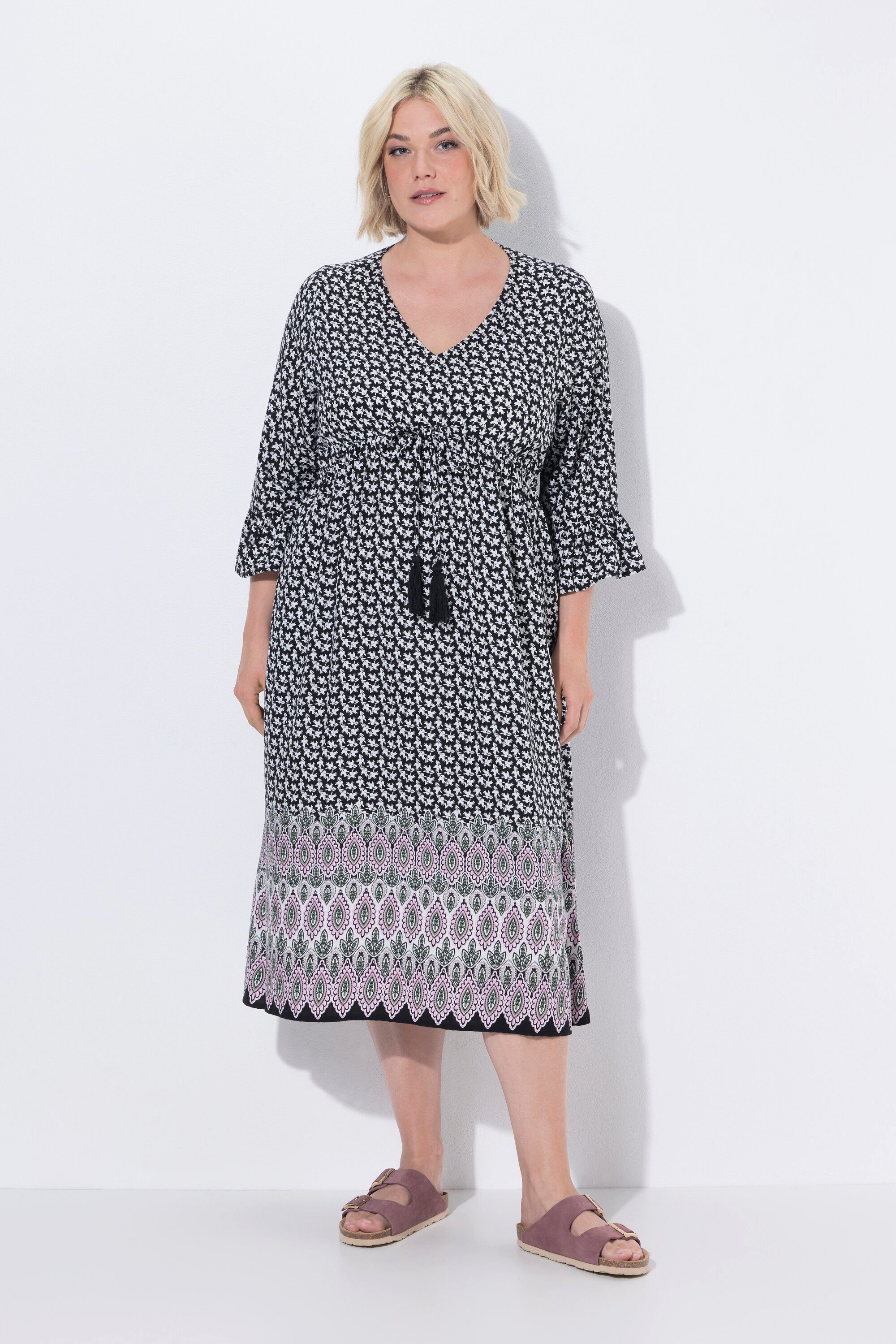 Ulla Popken Maxikleid Midikleid Tunnelzug A-Linie V-Ausschnitt 3/4-Arm