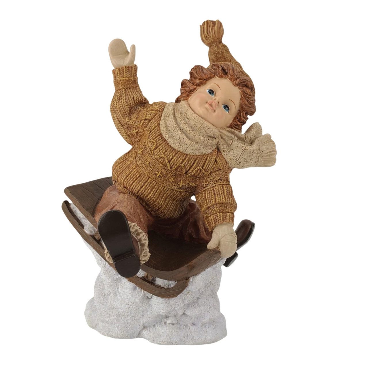 Figurendiscounter Weihnachtsfigur Dekofigur Junge auf Schlitten 24,5 x 17 cm