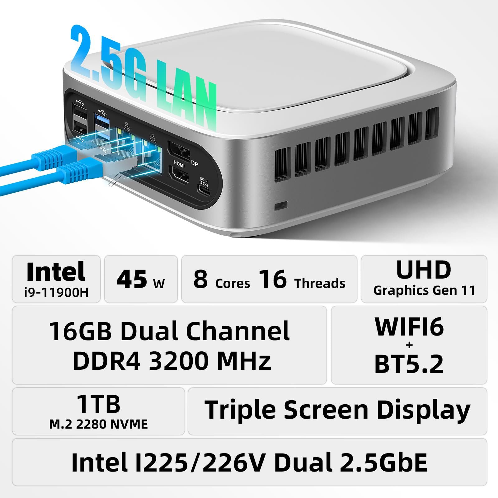 AWOW i9 PC Intel i9-11900H, 16/32GB RAM, 512G/1T SSD, WiFi 6, Dual 2,5G LAN Mini-PC (Intel Core i9 11900H, Intel UHD Graphics der 11. Generation, 16 GB RAM, 1024 GB SSD, Lüfter, Dual 2.5G LAN WiFi6 Windows 11 Pro)