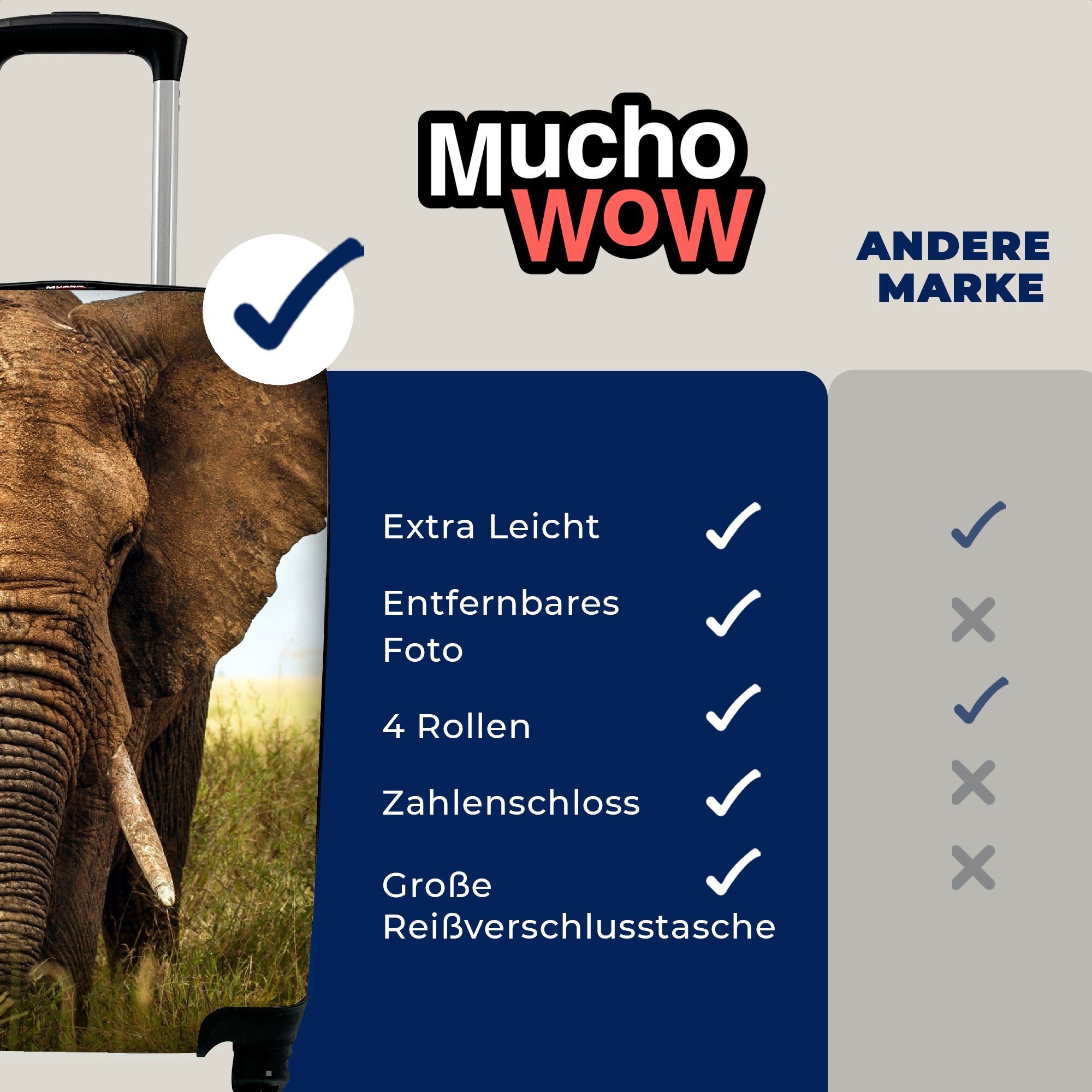 für MuchoWow mit Rollen, 4 Tiere Elefant Handgepäck Ferien, Reisekoffer - Natur, Handgepäckkoffer Reisetasche Trolley, - rollen, - Gras
