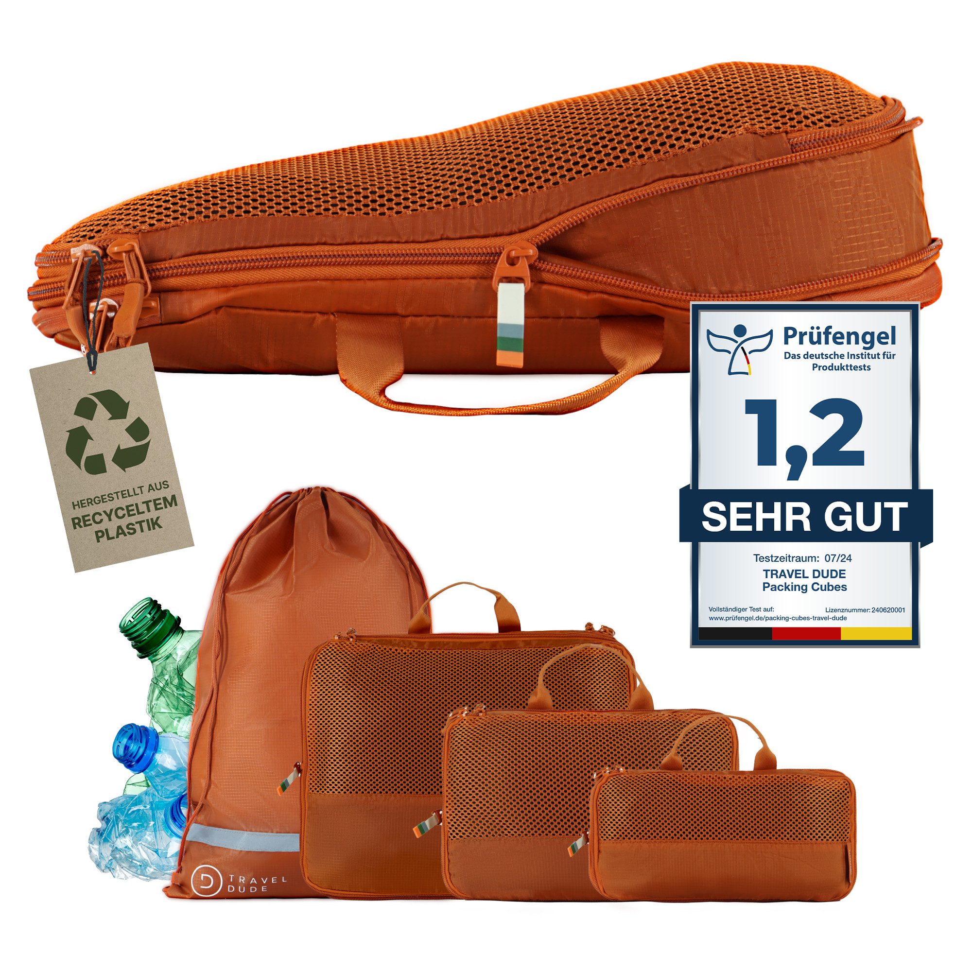 TRAVEL DUDE Kofferorganizer aus recycelten Plastikflaschen (ultraleichte Packwürfel, 4-tlg., Packing Cubes für Rucksack und Koffer, Packtaschen), mit Kompression und einem Nassfach