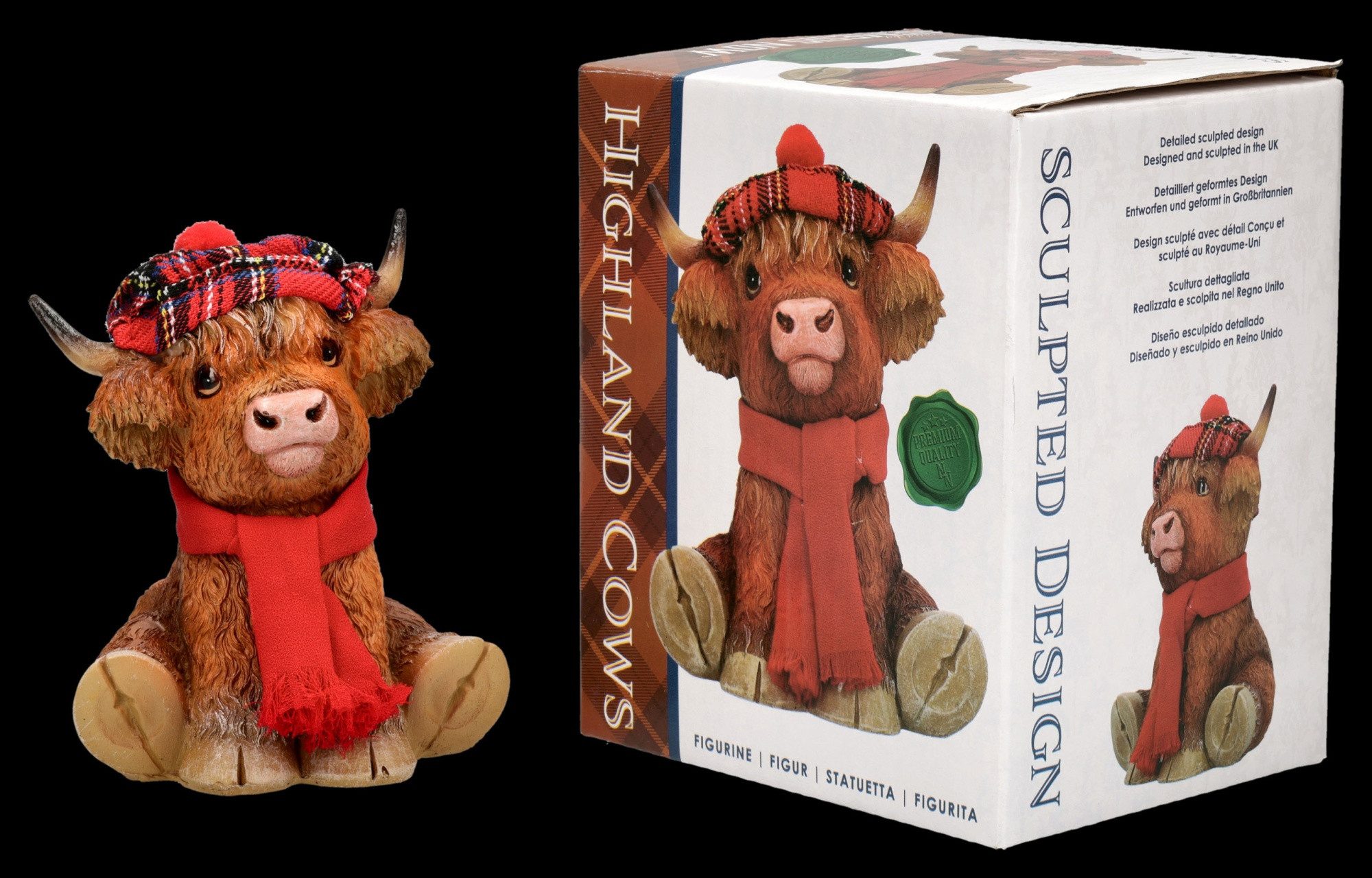 Figuren Shop GmbH Tierfigur Hochlandkuh Figur – Winterdeko Statue mit Mütze & Schal 11cm Dekofigur