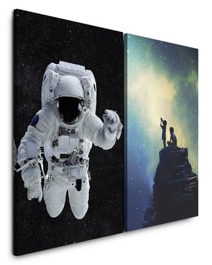 Sinus Art Leinwandbild 2 Bilder je 60x90cm Astronaut Sternenhimmel Sommernacht Kinder Fantasie Teleskop Zauberhaft