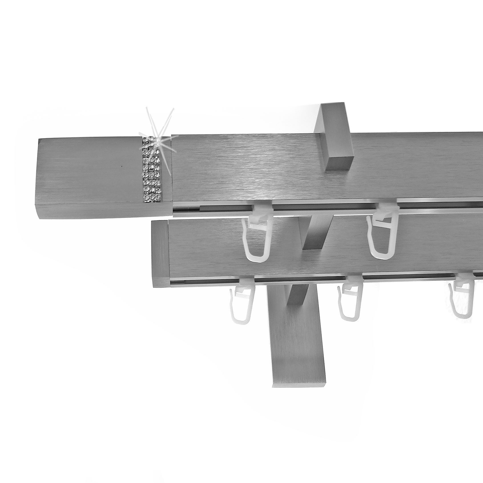 BASIT Gardinenstange eckig Innenlauf Edelstahloptik 30x14 mm mit Wandträgern 200 cm E93, Ø 30 mm, 2-läufig, verschraubt, Aluminium, H96 200 cm E93 mit Kristallen