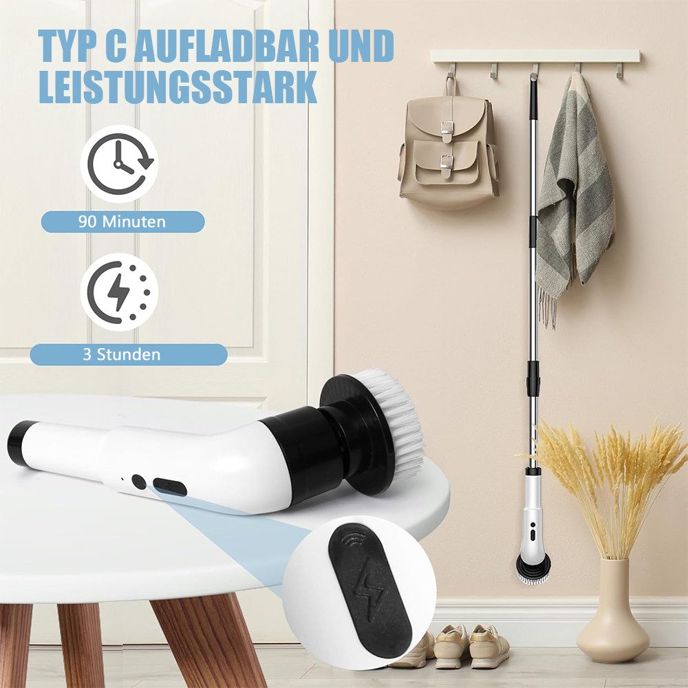 TUWENA Reinigungsbürsten-Set 9 in 1 Elektrische Reinigungsbürste, Spin Scrubber mit Lang Griff, 3 Modi, Duschreiniger Bürste für Bad, Küche, Fliesen und Auto – Bild 4 von 5