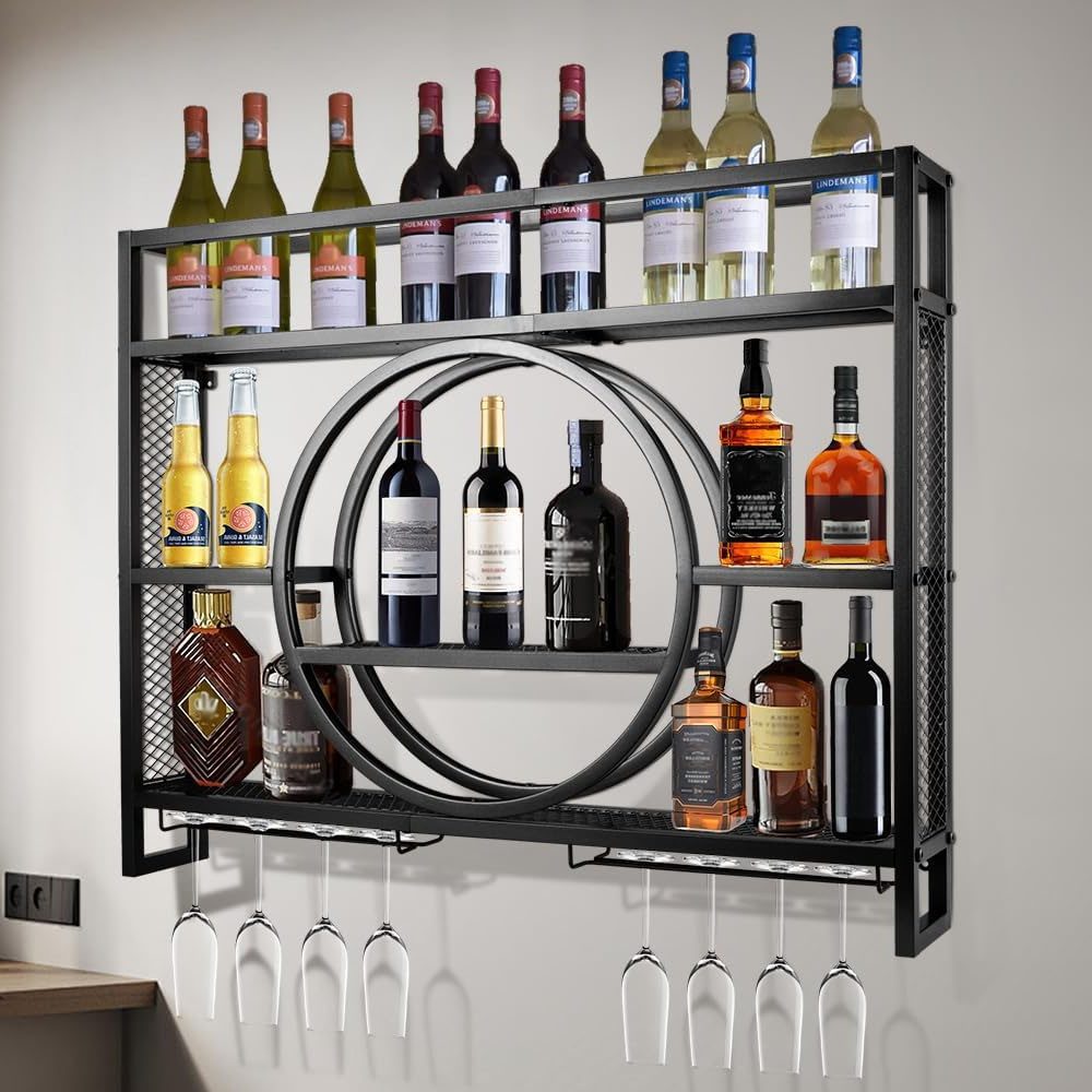 XIIW Weinregal 120x80x15cm 3 Ebenen Wandmontage Metall Flaschenregal Weinhalter Gold, 30 Flaschen Wein, Barregal Schwebende Regal mit Weinglashalter, für Küche, Esszimmer, Bar, Deko
