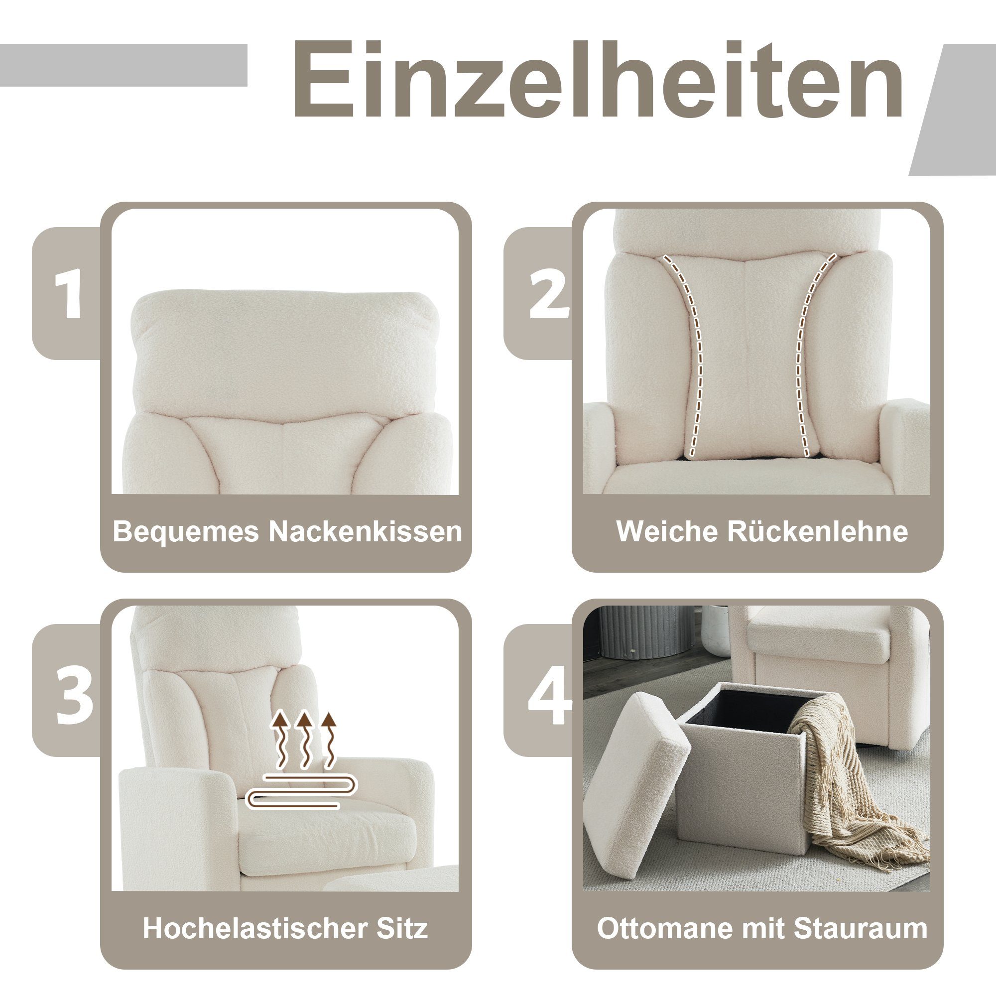 Gotagee Armlehnstuhl Weiß Plüschsessel drehbarem Metallgestell +Fußstütze 70x87x107cm und