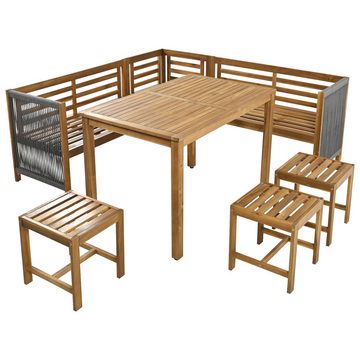 REDOM Gartenlounge-Set 8-Sitzer Esstisch-Set Essgruppe, (2 Bänke, 1 Eckbank, 3 Hocker, 1 Esstisch, 7-tlg., Ecksofa, Polyrattan Lounge, Balkonset), Gartenmöbel aus Akazienholz und Seil