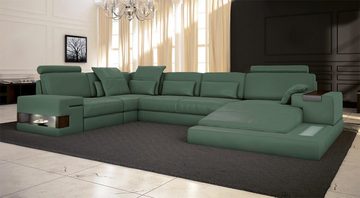 BULLHOFF Wohnlandschaft Leder Wohnlandschaft XXL Sofa U-Form Couch Grün LED Designsofa HAMBURG