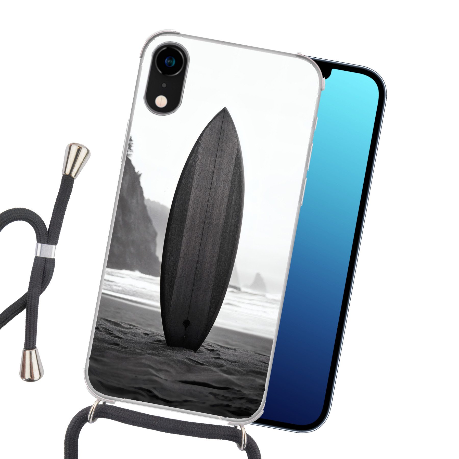MuchoWow Handyhülle für Apple iPhone XR Surfbrett - Sand - Meer, Tragbare Handyhüllen mit Kette zum umhängen, Handykette Handyband