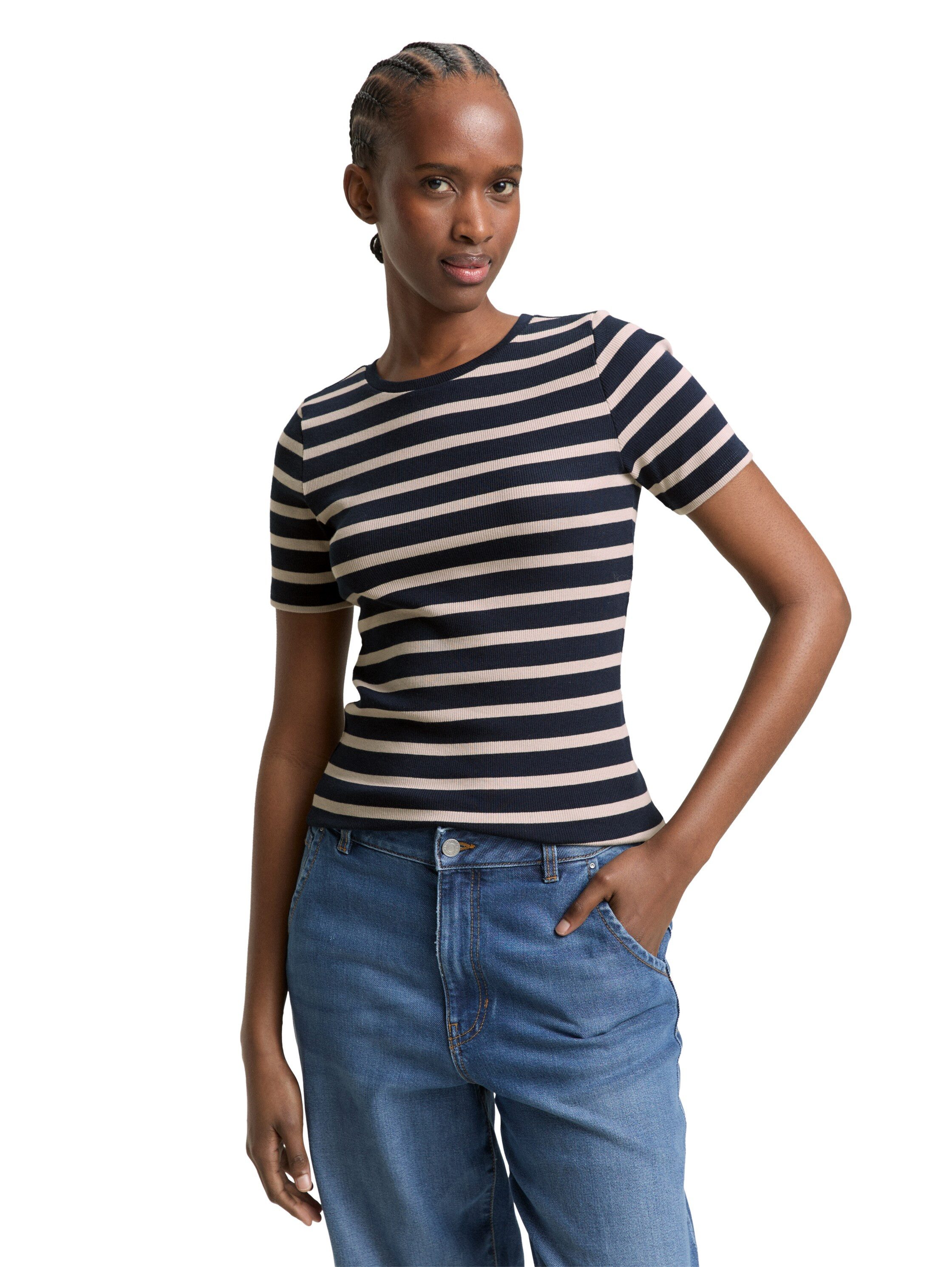 TOM TAILOR Denim Rundhalsshirt gestreift, Fein-Ripp-Optik