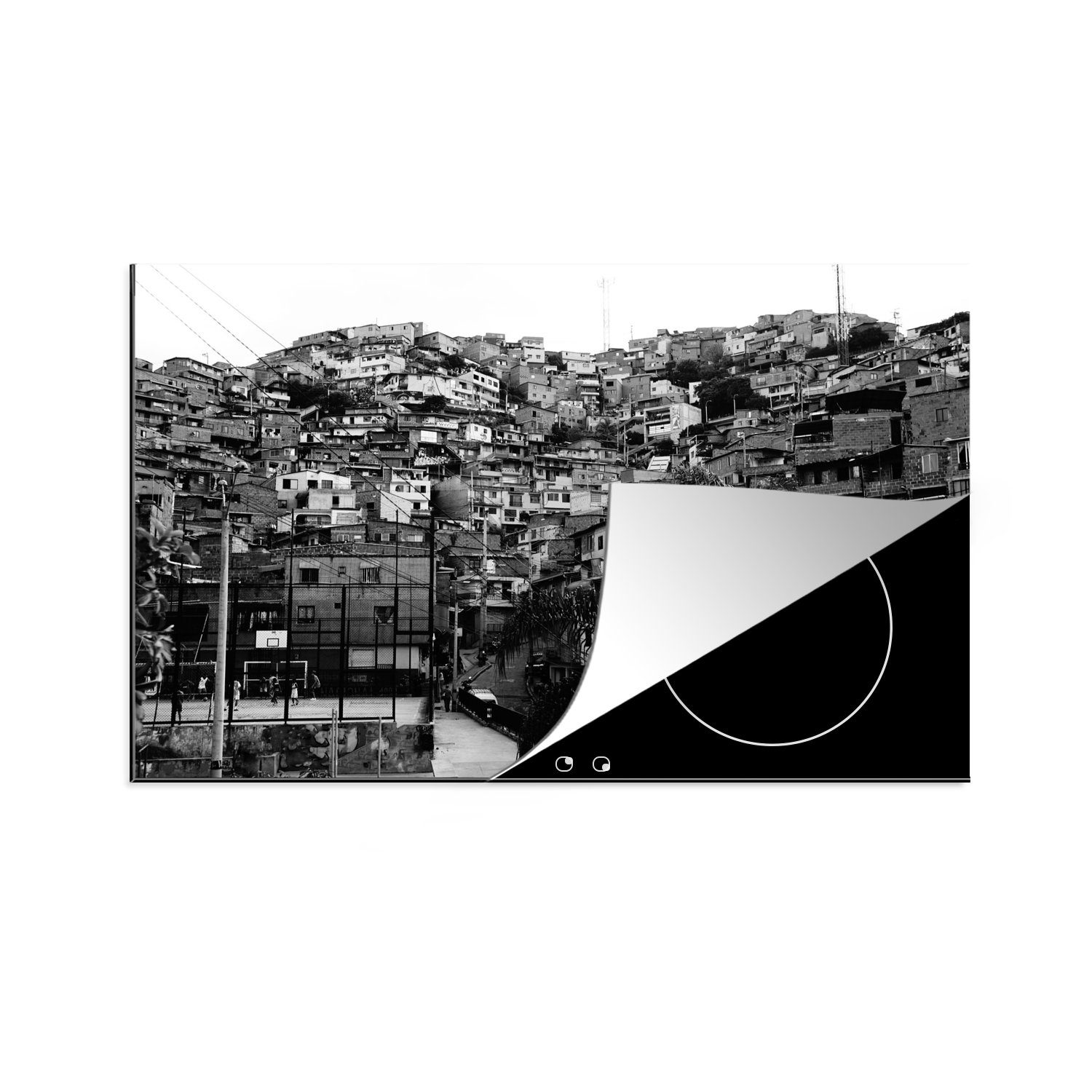 MuchoWow Herdblende-/Abdeckplatte Schwarz-Weiß-Fotografie der Stadt Medellín im südamerikanischen, Vinyl, (1 tlg), 81x52 cm, Induktionskochfeld Schutz für die küche, Ceranfeldabdeckung