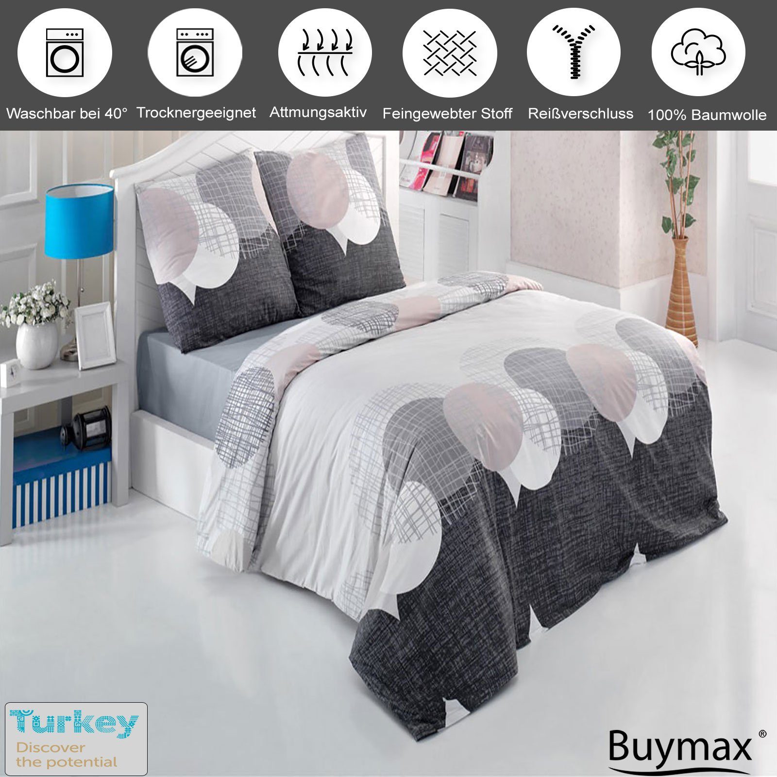 Bettwäsche, Buymax, Renforcé, 3 teilig, Bettbezug-Set 200x220 cm 100% Baumwolle Reißverschluss Grau Anthrazit