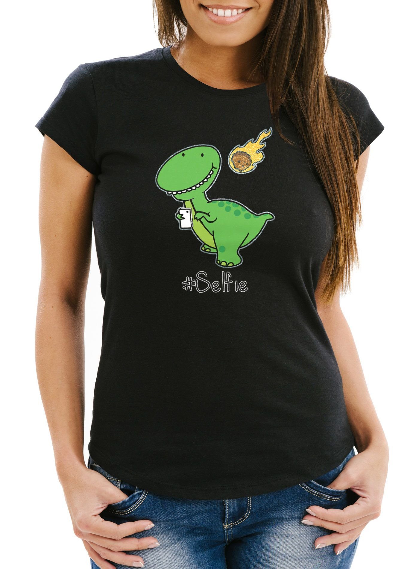 Print-Shirt Lustiges Damen T-Shirt mit Dinosaurier Dino Selfie Asteroid Glitter
