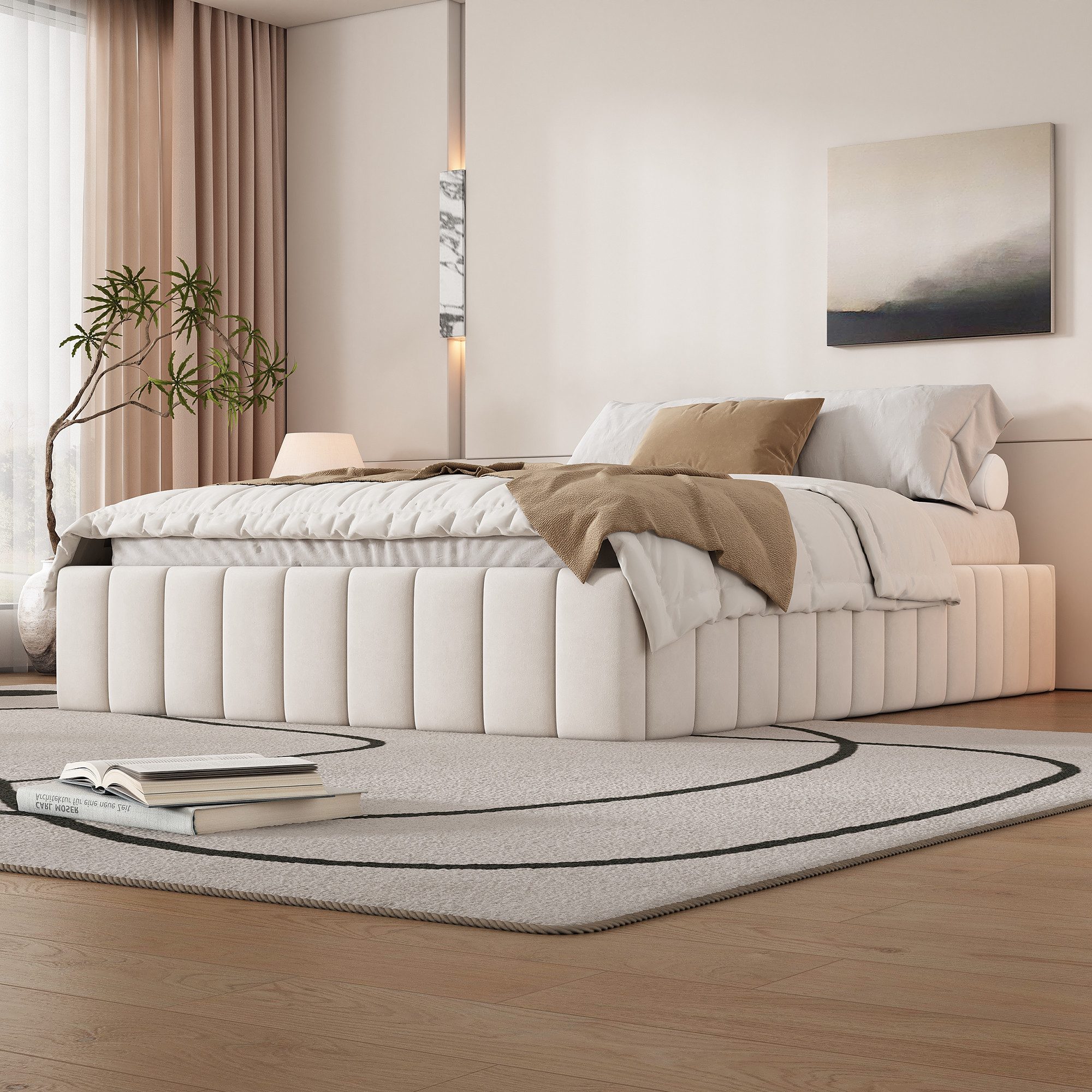 SOFTWEARY Futonbett mit Lattenrost und 4 Schubladen, 140x200 cm, ohne Kopfteil, Bezug aus Samt, gepolstert – Bild 4 von 5