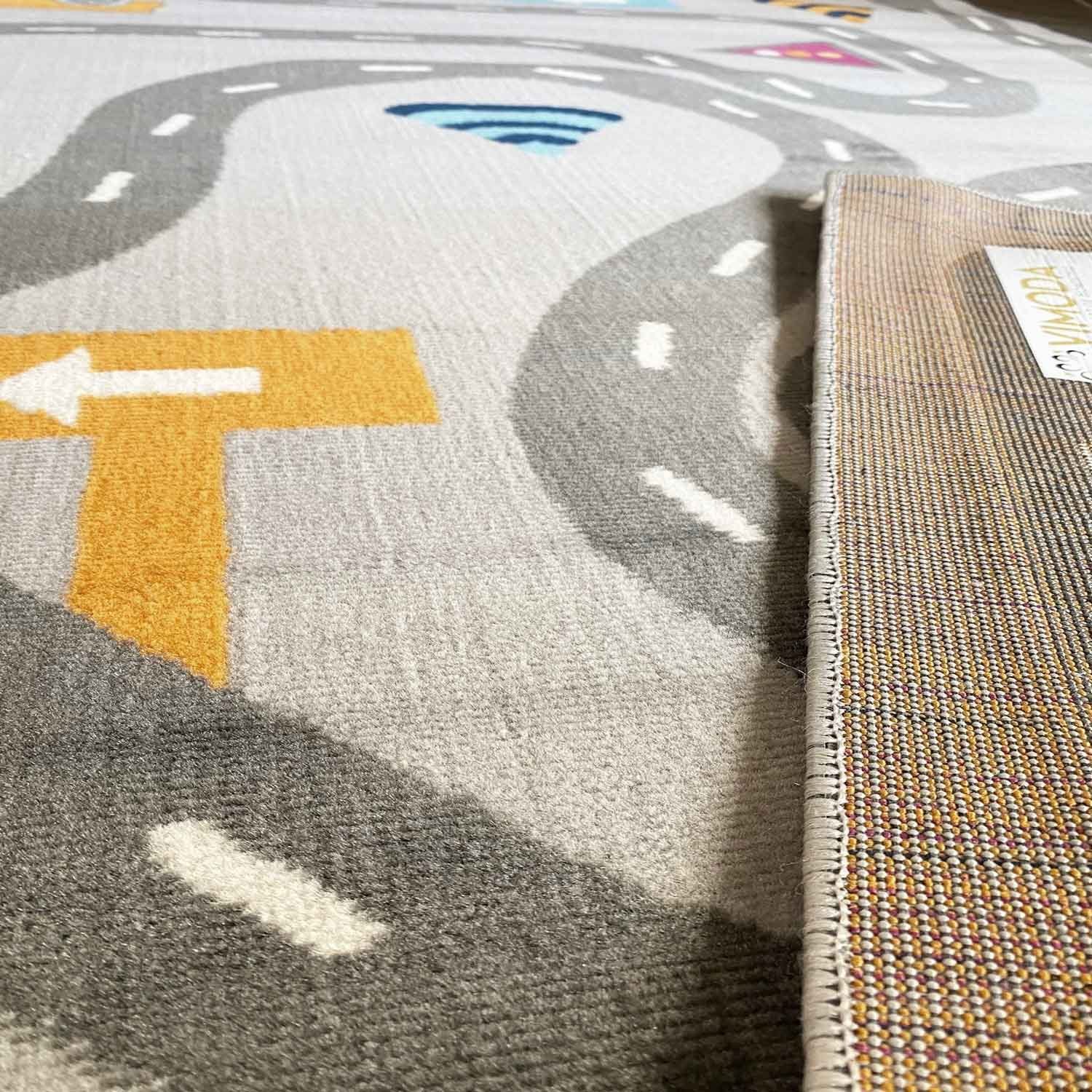 Vimoda Kinderteppich Mondol, Teppich Kinderzimmer mit Auto, Strasse Muster, Rechteckig, Höhe: 8 mm, Spielteppich für kinder, Auto und Straße Muster in Blau & Grau