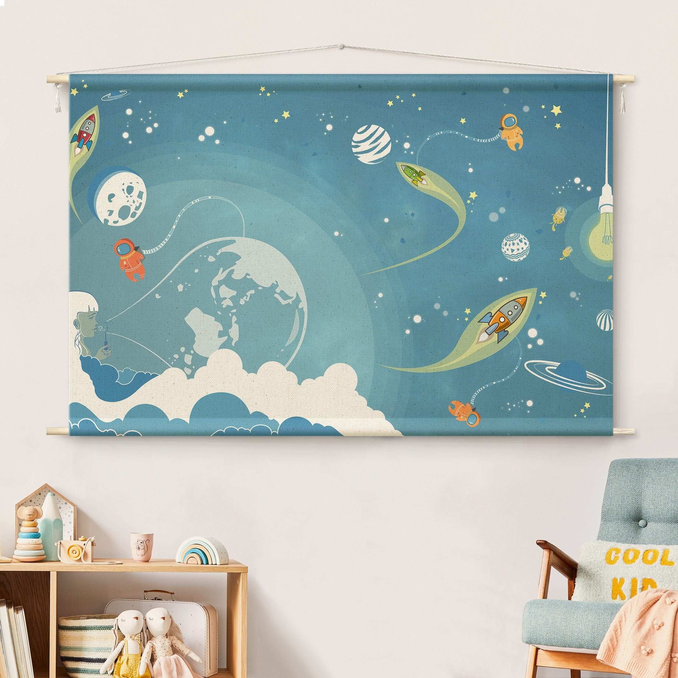 Bilderdepot24 Wandteppich Jungenzimmer modern Weltall blau, rechteckig, Höhe: 2.6 mm, großes Wandbild aus Natur-Baumwolle Wandbehang Stoffbild Tuch Wollseil