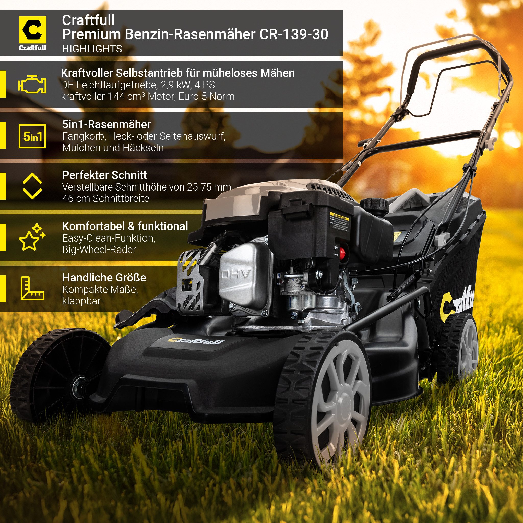 Craftfull Benzinrasenmäher CR-139-30 - 4 PS, 144 cm³ Benzin Rasenmäher mit Radantrieb, 46 cm Schnittbreite, (Rasenmäher Benzin, Rasenmäher mit Pullstart, Benzinrasenmäher, Rasenmäher Benzin, Rasenmäher mit Fangkorb, Rasenmäher Selbstantrieb), Rasenmäher mit Radantrieb