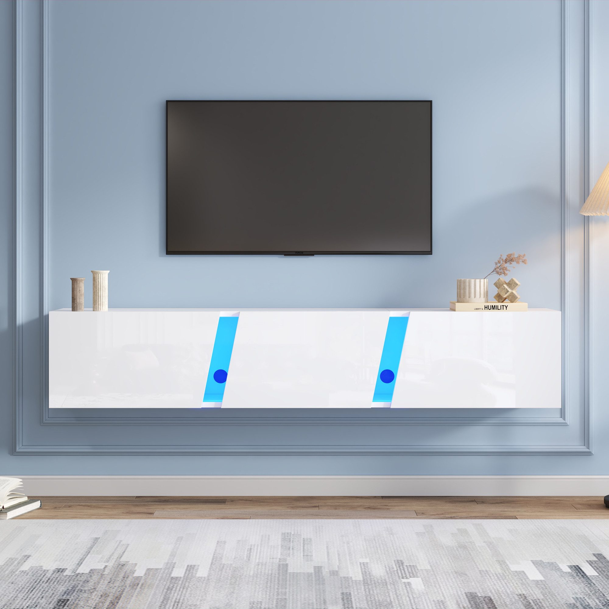 Merax TV-Schrank Hochglanz in Weiß/Schwarz, Hängendes Fernsehschrank (1-St., 180 x 35 x 30 cm) TV-Lowboard mit LED, Acrylakzenten und 3 Türen mit Klappfunktion