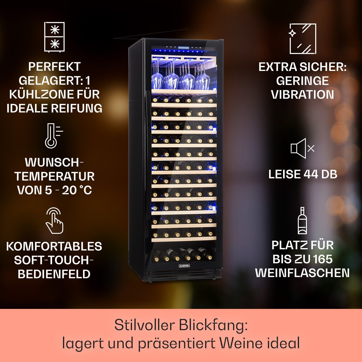 Klarstein Weinkühlschrank Vinovilla Grande 165 Built-In Uno 433L 165 Flaschen 5-20°C 44 dB Onyx, für 165 Standardflaschen á 0,75l,Wein Flaschenkühlschrank Weintemperierschrank Weinschrank Kühlschrank