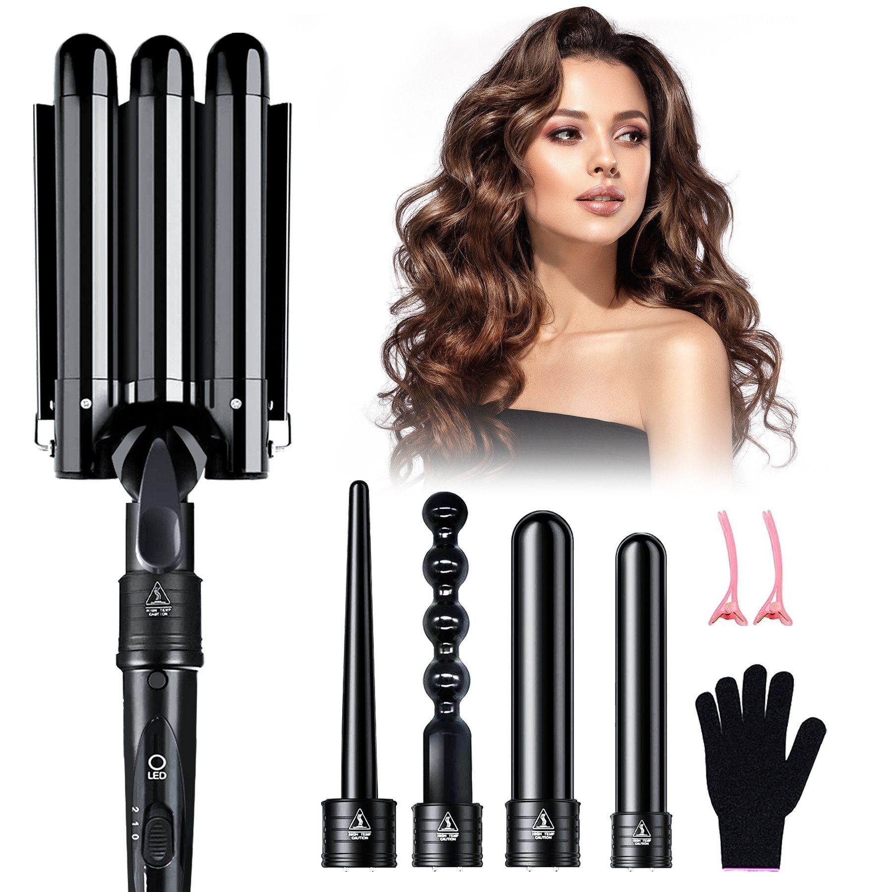 Senmudi Lockenstab Lockenstab lockenstab große locken,Multifunktionaler 5-in-1-Lockenstab, Keramische Beschichtung,Turmalin Keramik,Geeignet,langes,kurzes Haar, hair curler,lockenstab,mit Verschiedenen Handschuh 2 Clips