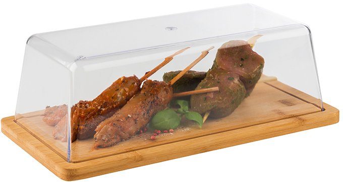 APS Servierplatte Tablett mit Haube, Kunststoff, Massivholz, mit Antirutsch-Füßchen und Haube
