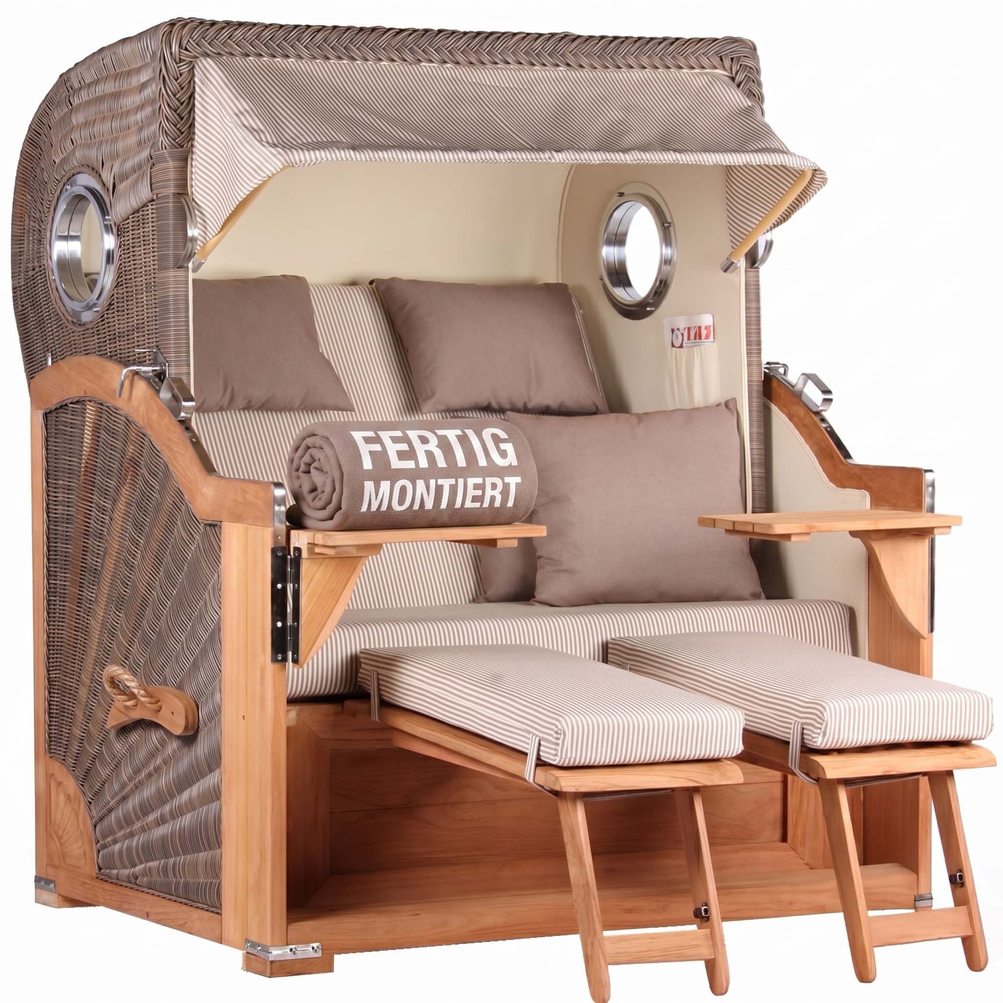 MR.DEKO Strandkorb XXL Baltikum 2,5-Sitzer Bullauge Teak PE Grey 142x170x95, BxTxH: 142x95x170 cm, Volllieger, Baltikum, (Wetterfester 2,5-Sitzer Strandkorb für Garten, Terrasse & Balkon), Volllieger mit Stauraum, Bullaugen & Edelstahl – komplett montiert