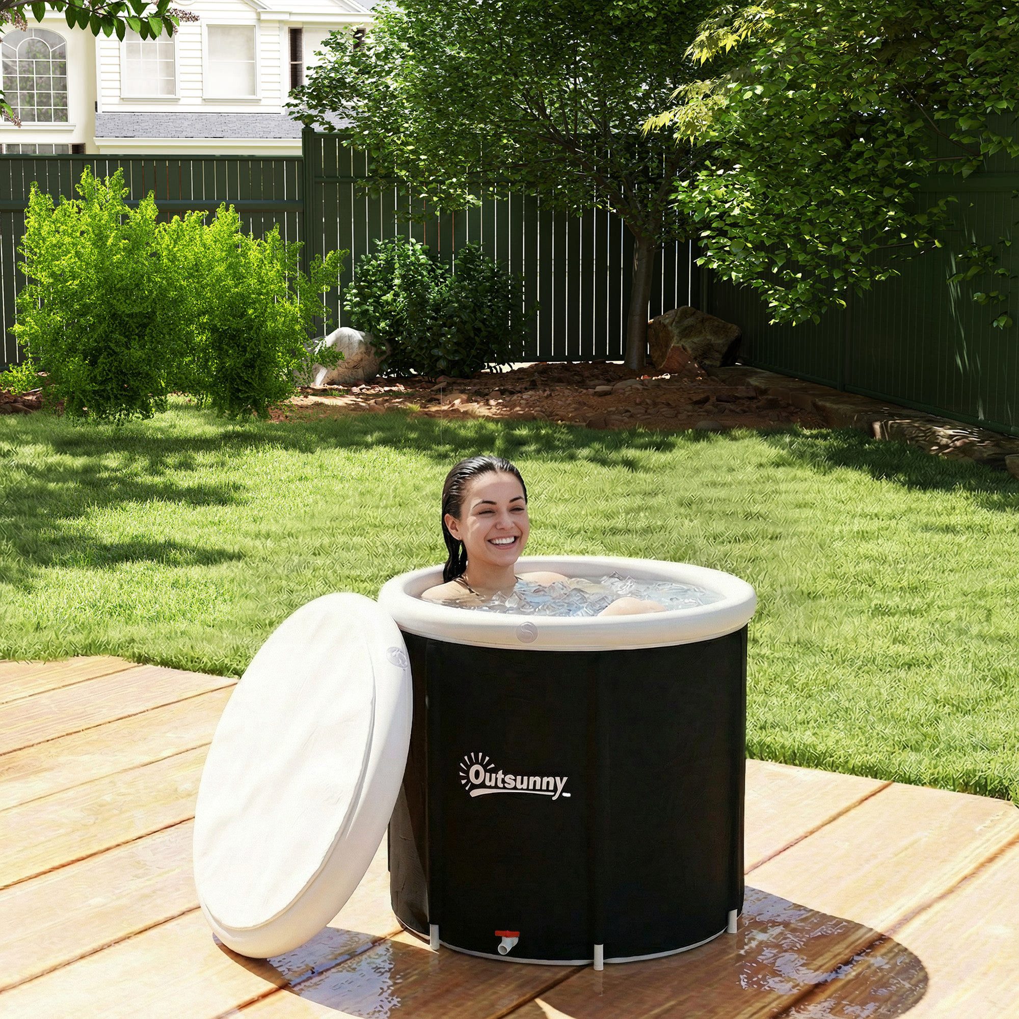 Outsunny Rundpool 280L Eisbad mit 3 Isolierschichten Abdeckung (aufblasbare Eistonne, 1-tlg., Ø78 cm Faltbare Eisbadewanne), für Sportler Anfänger Schwarz