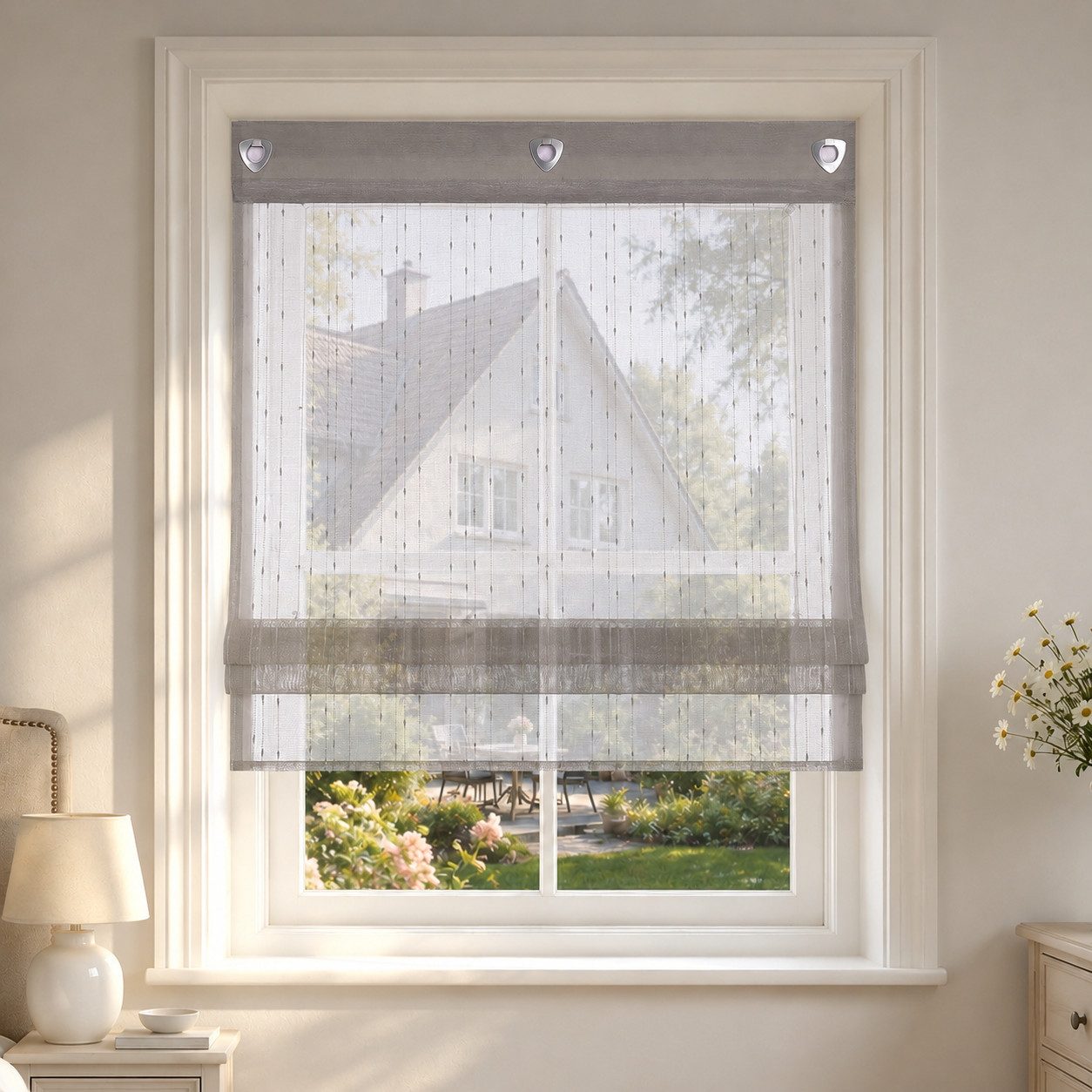 Delien Raffrollo Regen Voile mit Längsstreifen im klassischen Stil, mit Hakenaufhängung, ohneBohren, Am Fensterrahmen einhängen und mit Zugschnüren höhenverstellbar, Leinenoptik, halbtransparent für Küche und Wohnzimmer