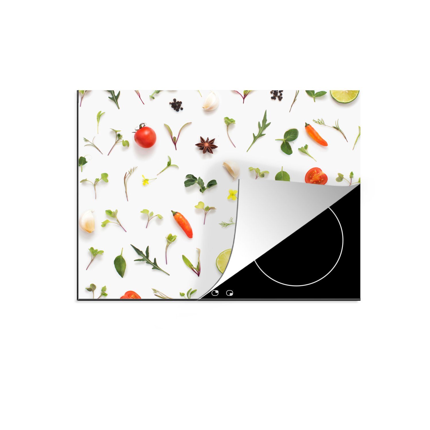 Gemüse, Induktionsherd, (1 Vinyl, Gewürze Küchen Dekoration Flachgelegte Kräuter, Herdblende-/Abdeckplatte MuchoWow 58x51 für Früchte, cm, tlg), und Induktionskochfeld