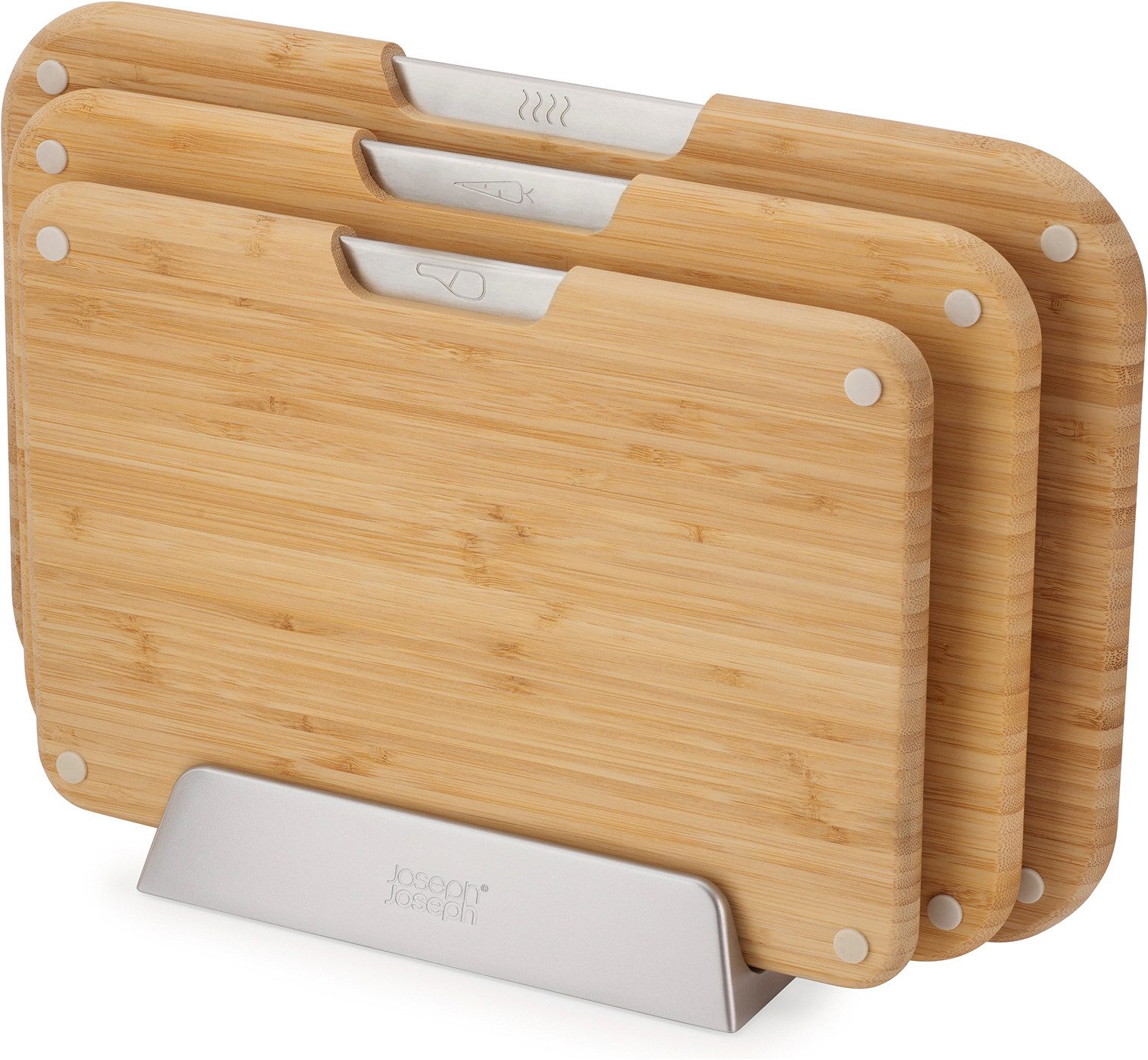 Joseph Joseph Schneidebrett Nest Boards Bamboo 3-teiliges Schneidebrett-Set, Bambus, (Set, 4-St., 3x Schneidebrett, 1x Ständer), mit Symbolen um Kreukontamination zu vermeiden