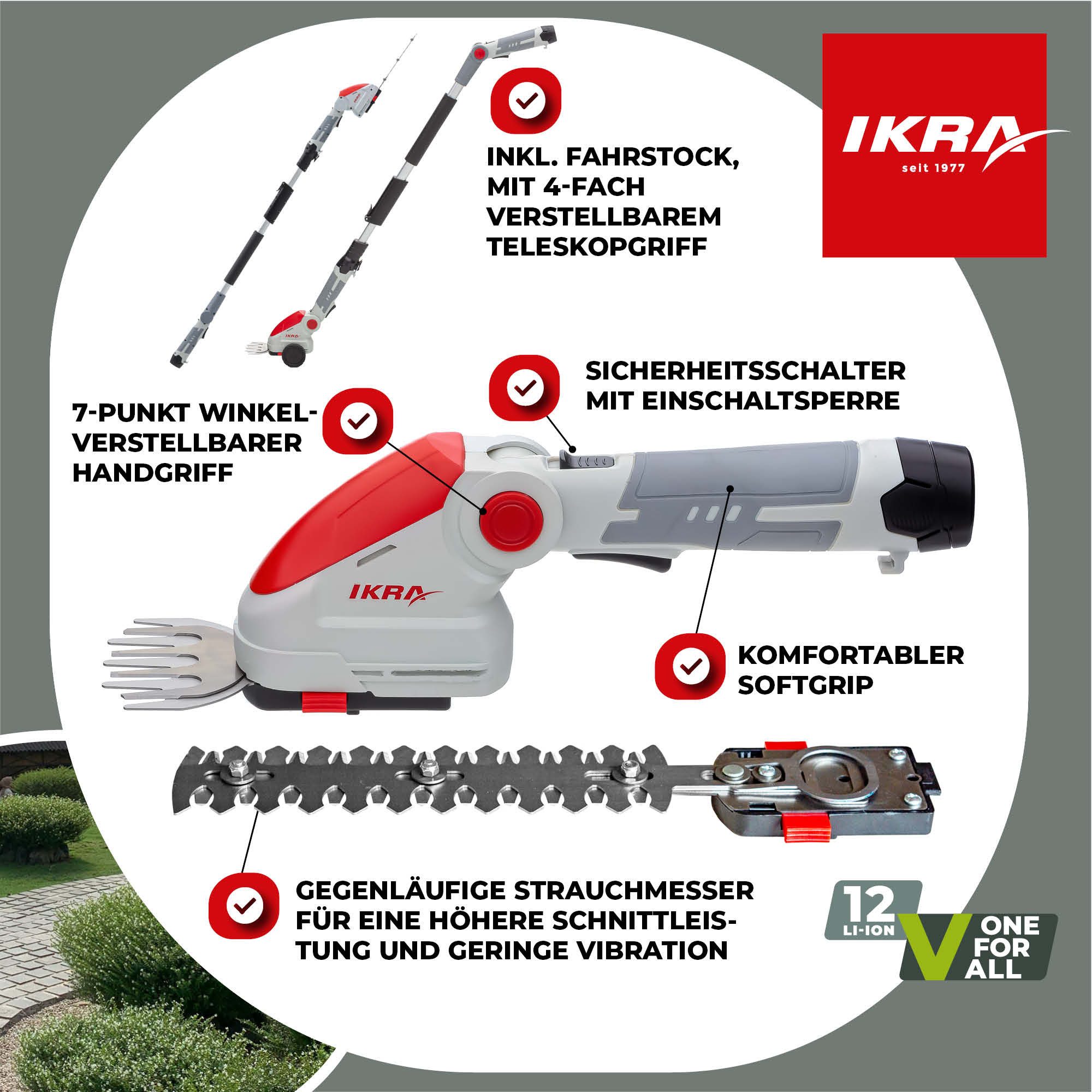 ikra GmbH Akku-Gras- und Strauchscherenset IGBS 1210, (mit Akku, Ladegerät & Fahrstock), 12 V - Klicksystem, inkl. Fahrstock, Messer "Made in Germany"