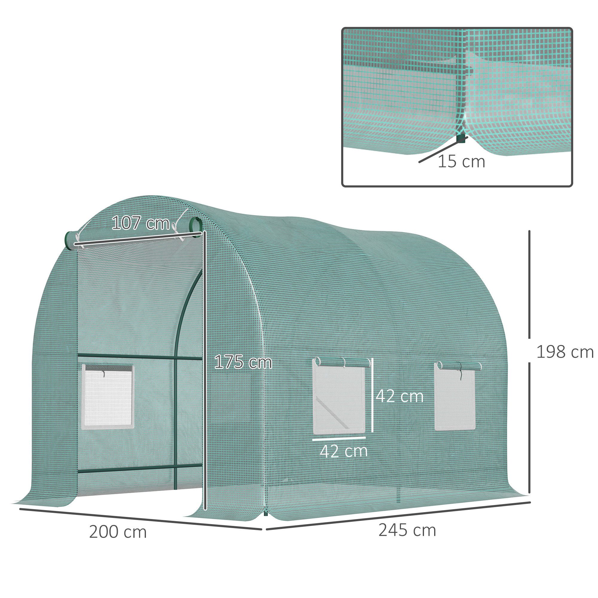 Outsunny Foliengewächshaus Folientunnel Frühbeet mit Fenster, BxTxH: 245 x 200 x 198 cm, BxLxH: 200 x 245 x 198 cm, Treibhaus 1-St., Tomatengewächshaus, Grün, 245 x 200 x 198 cm