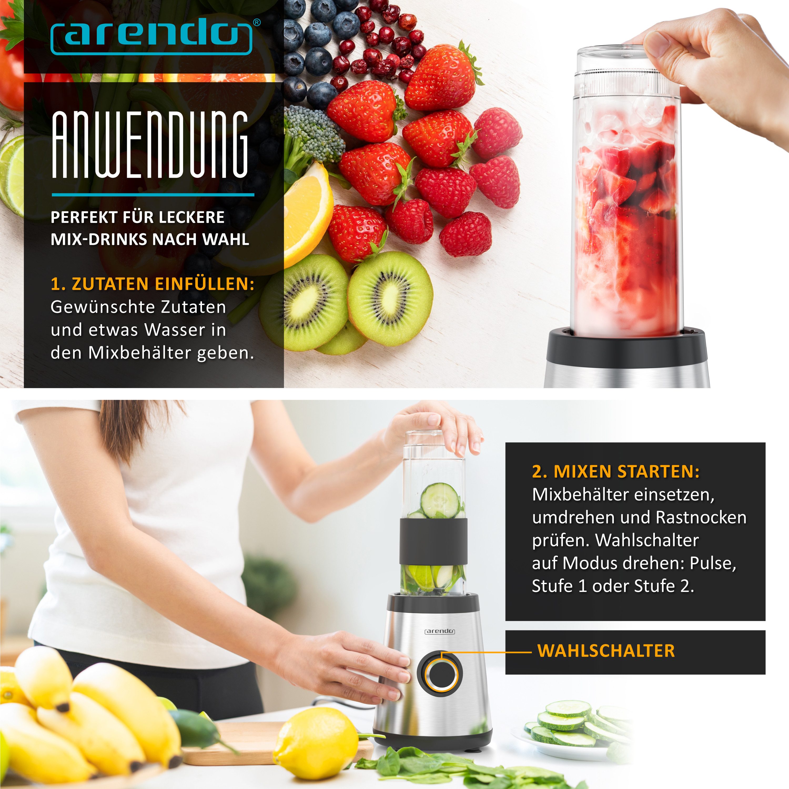 Arendo Standmixer Smoothie Maker. inklusive zwei Becher je 570ml, Edelstahl Klingen, 500 W, BPA-frei, 2 To-Go-Becher, 4 SUS301-Klingen, Smoothiemaker