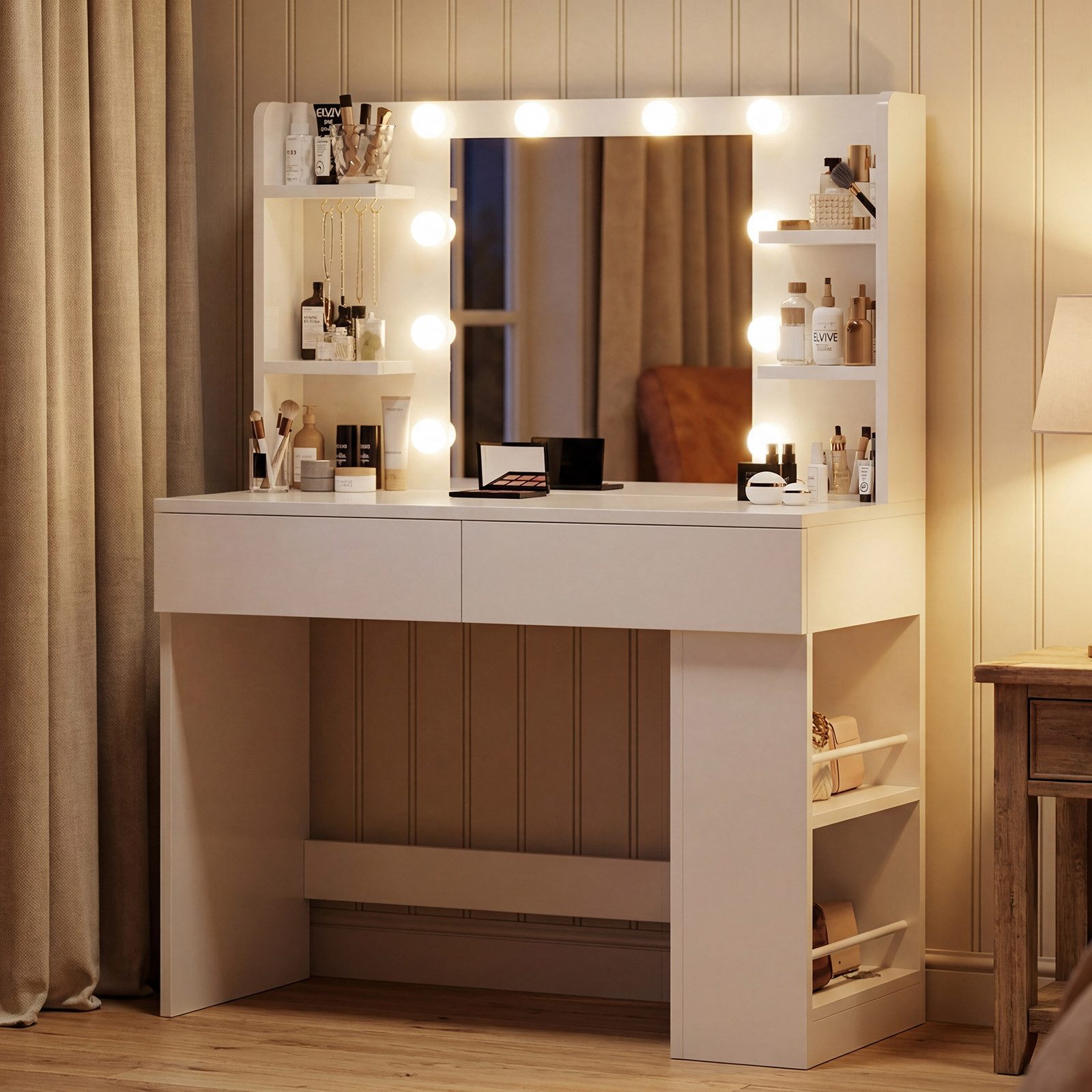 HOMALL Schminktisch mit Spiegel, LED-Beleuchtung, einstellbare Helligkeit, ostern (Länge × Breite × Höhe) 90/110 × 40 × 135 cm, 8 offene Fächer (2 seitliche Fächer sind nach links und rechts verschiebbar), 2 große Schubladen – Ostergeschenk)