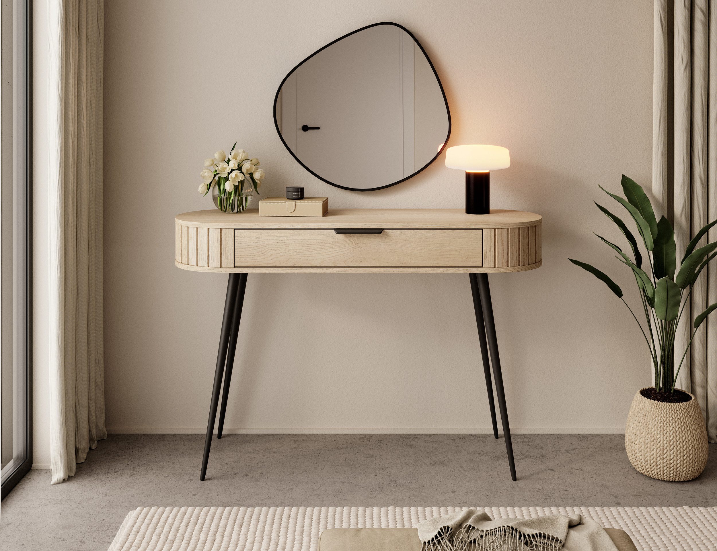 MOEBLO Schminktisch NOLI (aus Eiche Cremona – Design-Fronten mit strukturierter Oberfläche, abgerundete MDF-Seitenteile, Push-to-Open-Schubladen, natürliche Holzstruktur und skandinavischer Stil für modernes Schlafzimmer Frisiertisch, Schminktisch, Kosmetiktisch), (BxHxT): 120 x 80,2 x 40,2 cm