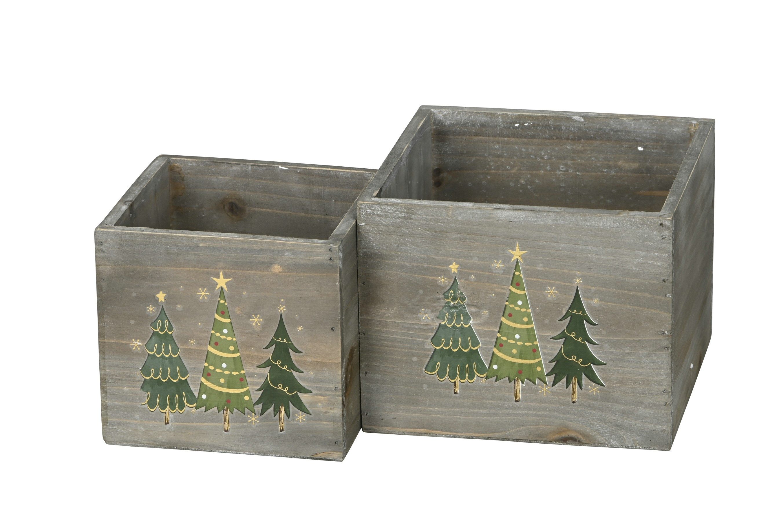 finehomegarden Blumentopf Holz Set/2 Tanne Übertopf grau-grün Ø13+16cm H12+13cm Blumentopf (Set, 2 St., 2er Set), Dekoratives Pflanzen Festliche Deko