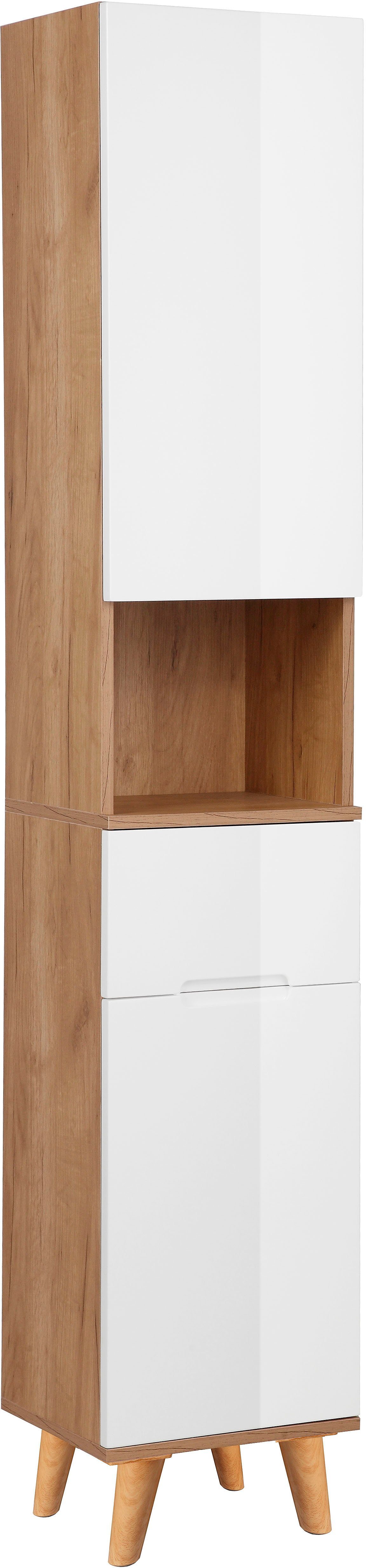 welltime Hochschrank Lund Badschrank skandinavisches Design mit viel Stauraum Badmöbel, 2 Türen und 1 Schublade, Breite 35cm