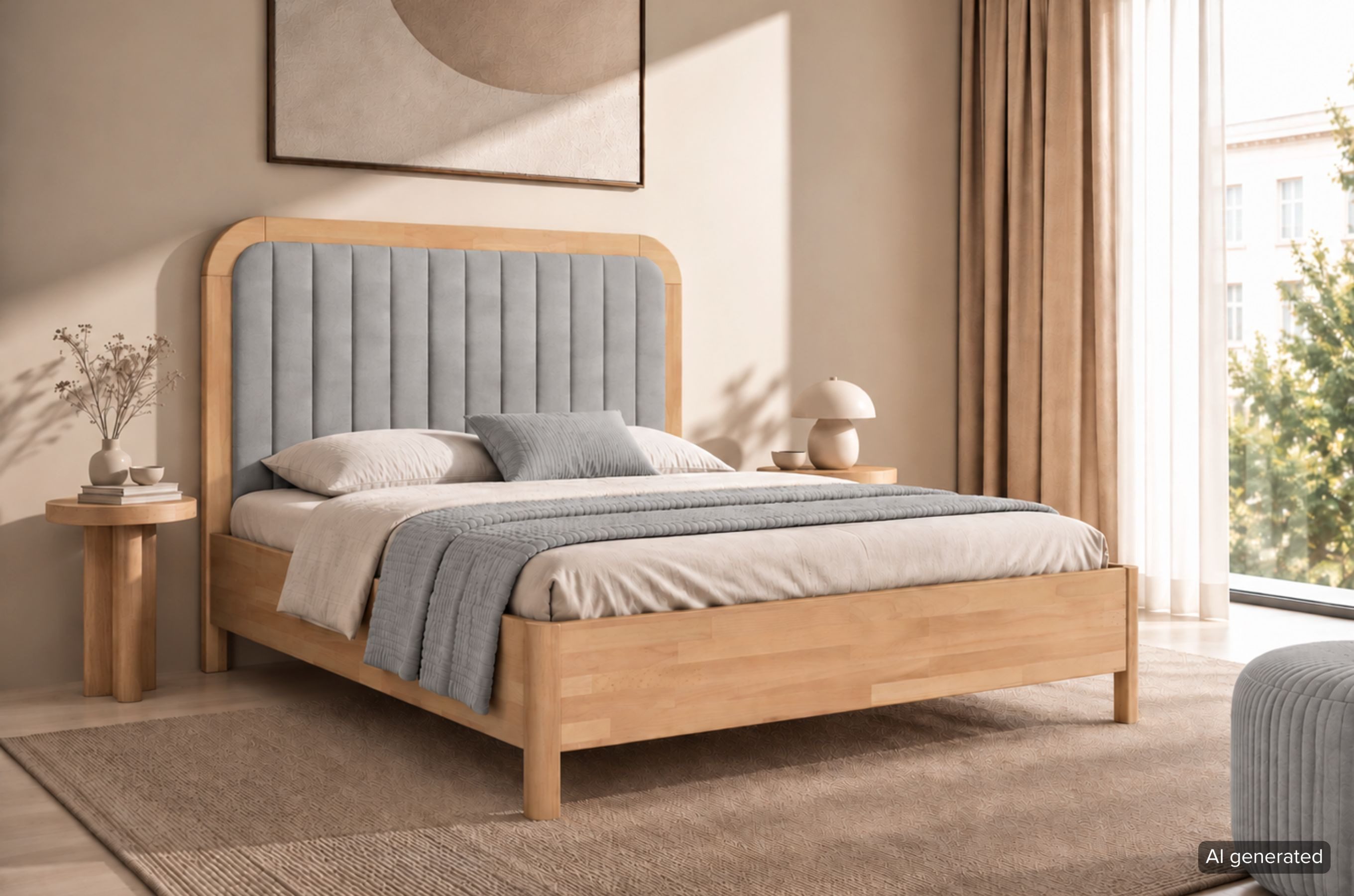 Visby Holzbett Modena (Buchenbett – hohes Bett mit abgerundeten Kanten), mit hohem, gepolstertem Velvet-Kopfteil, 140/200, Buche – lackiert