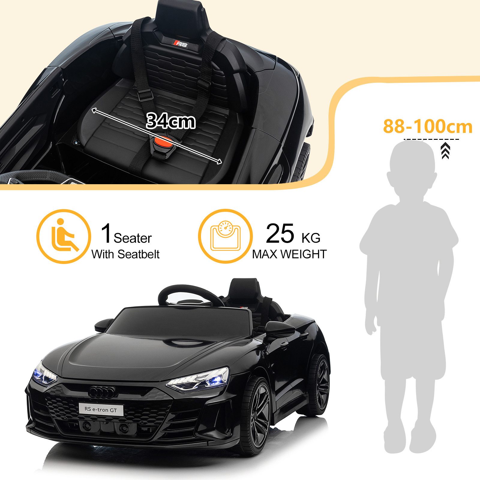 LALAHO Elektro-Kinderauto Elektro-Kinderauto,Kinderfahrzeug,Fernbedienung,Musik,Licht, verstellbarem Sicherheitsgurt und Audi RS e-tron GT Design